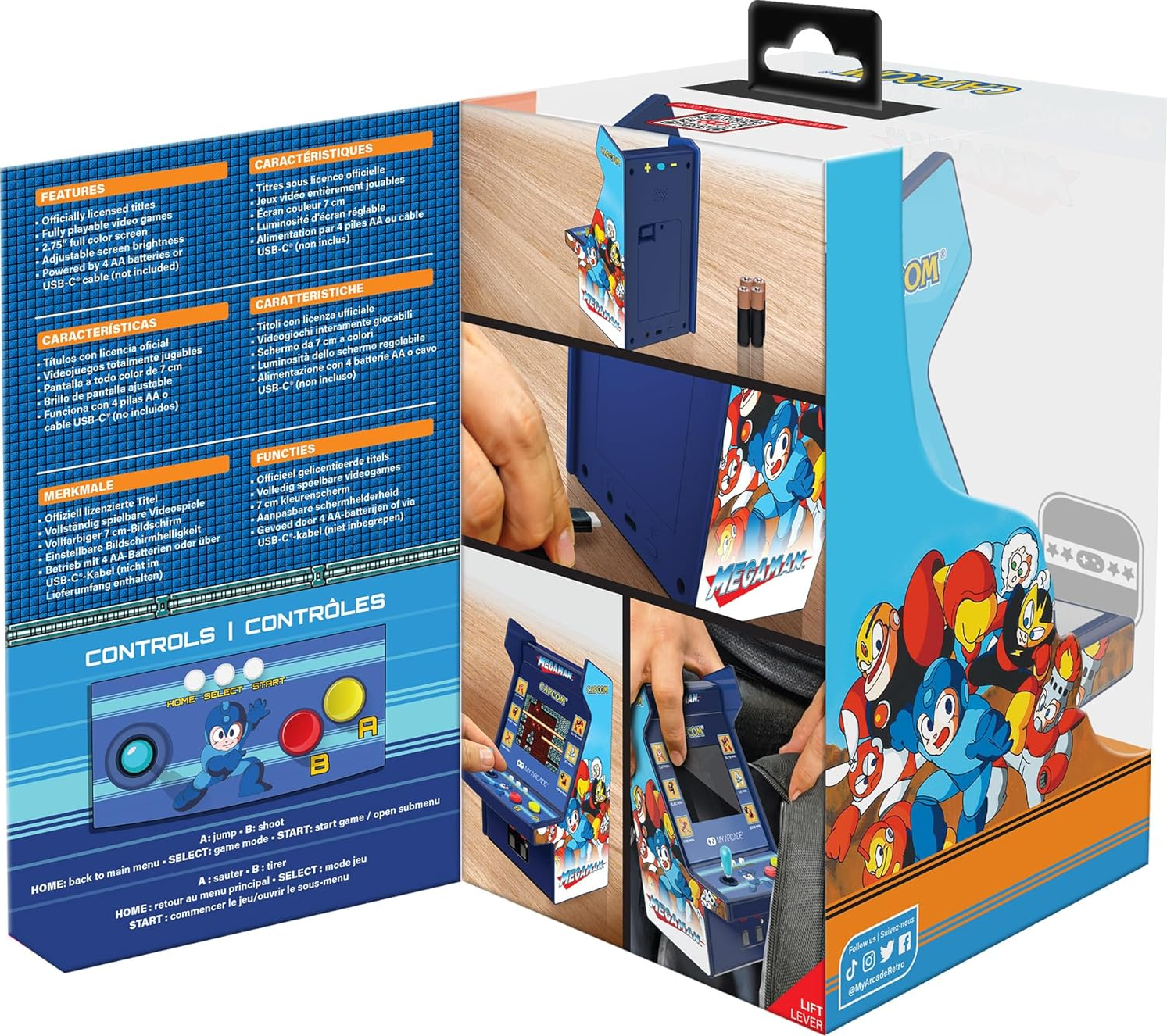 La boîte montre le jeu d'arcade Mega Man. Caractéristiques : sous licence officielle, écran 2,75 ", luminosité réglable. Détails du jeu et commandes inclus.