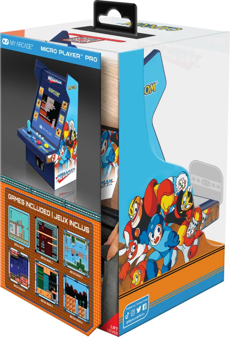 Boîte d'un My Arcade Micro Player Pro avec Mega Man. Comprend des images du jeu, des personnages et une borne d'arcade miniature.