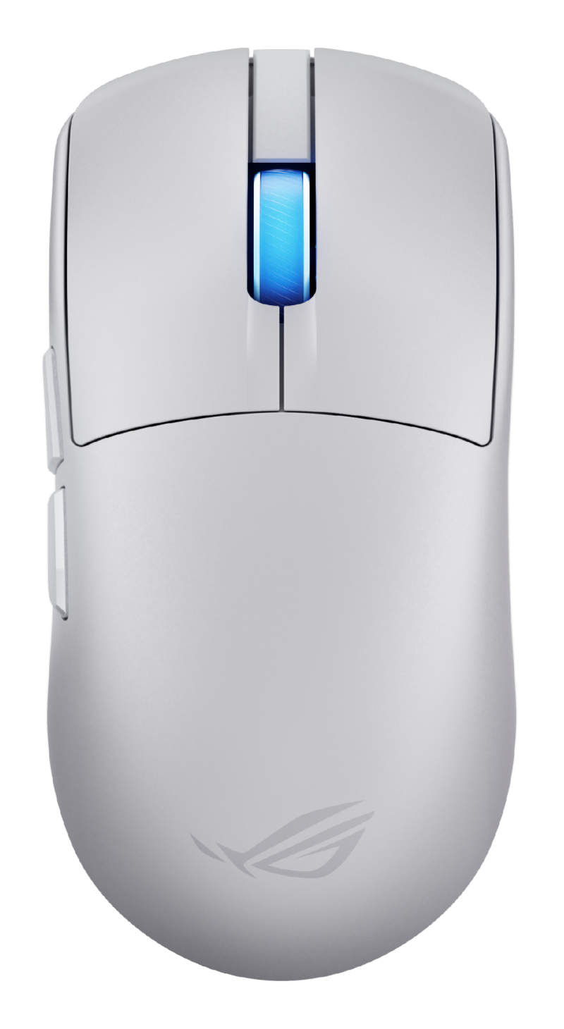 Une souris de jeu blanche avec une molette bleue lumineuse et des boutons latéraux. Le logo ROG est visible.
