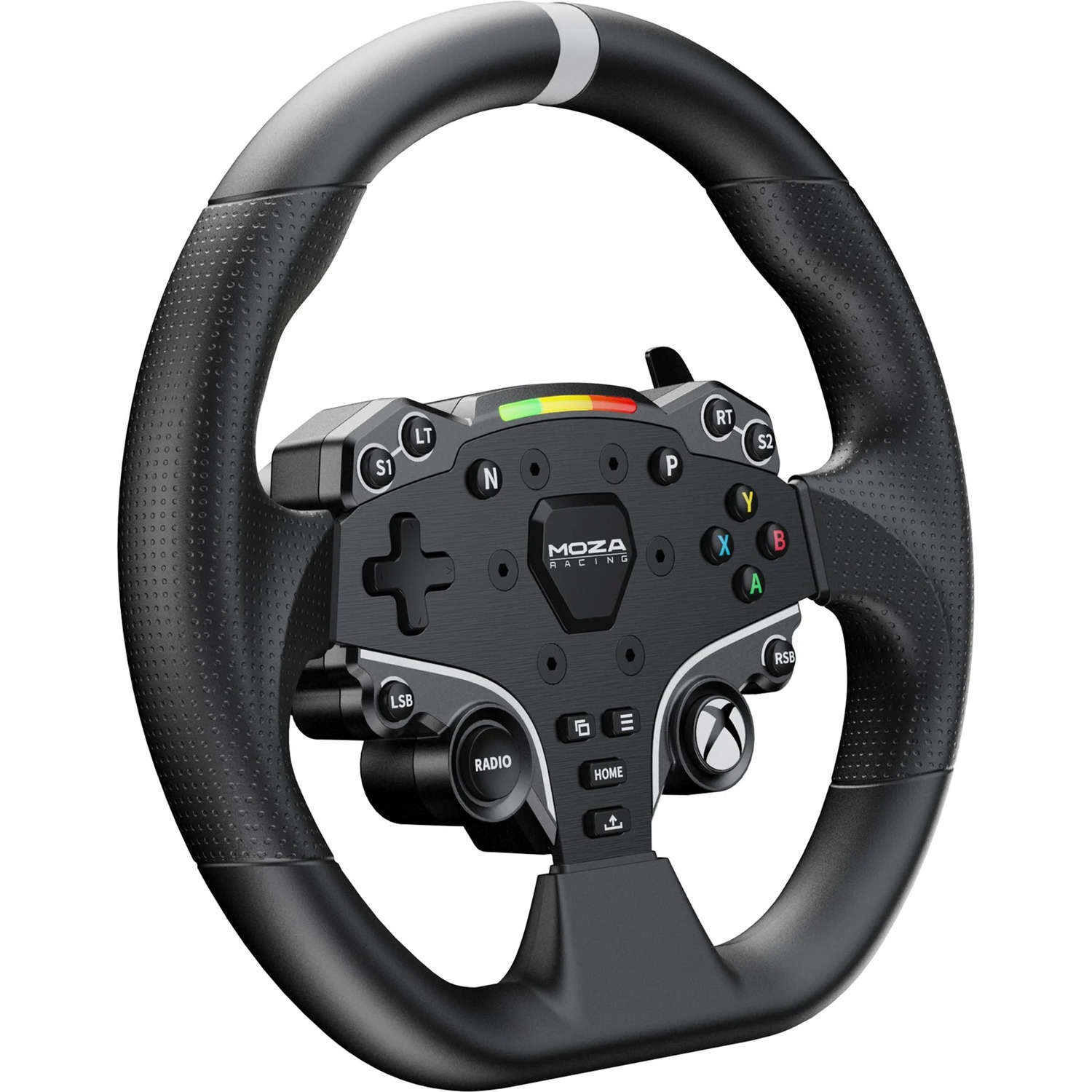 Een zwart MOZA Racing stuur met knoppen, een joystick en een centrale console. Het stuur heeft een zwart-grijs ontwerp.