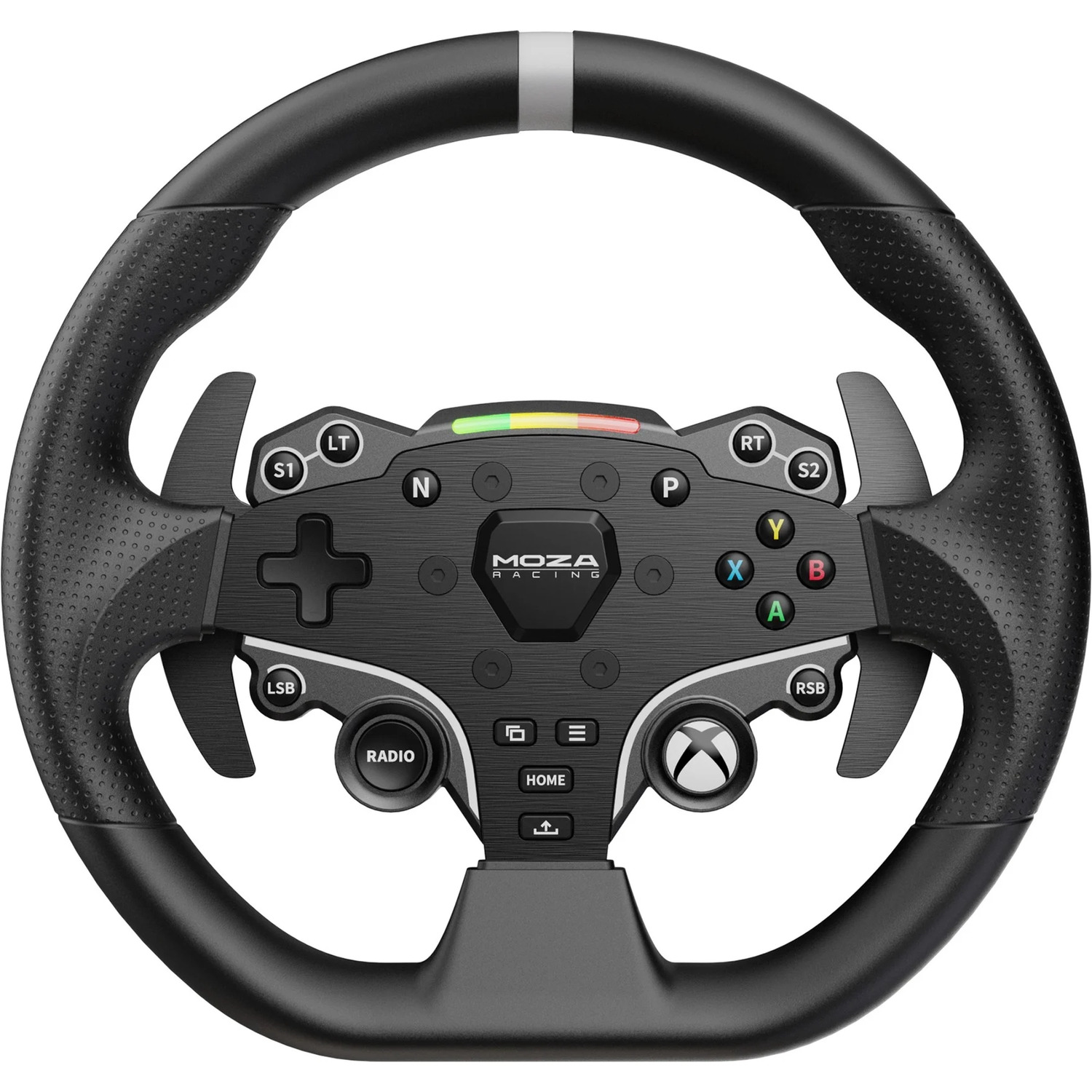 Zwart gamingstuur met knoppen, paddles en een centraal bedieningspaneel. Het stuur heeft een geperforeerde grip en een zilveren streep.
