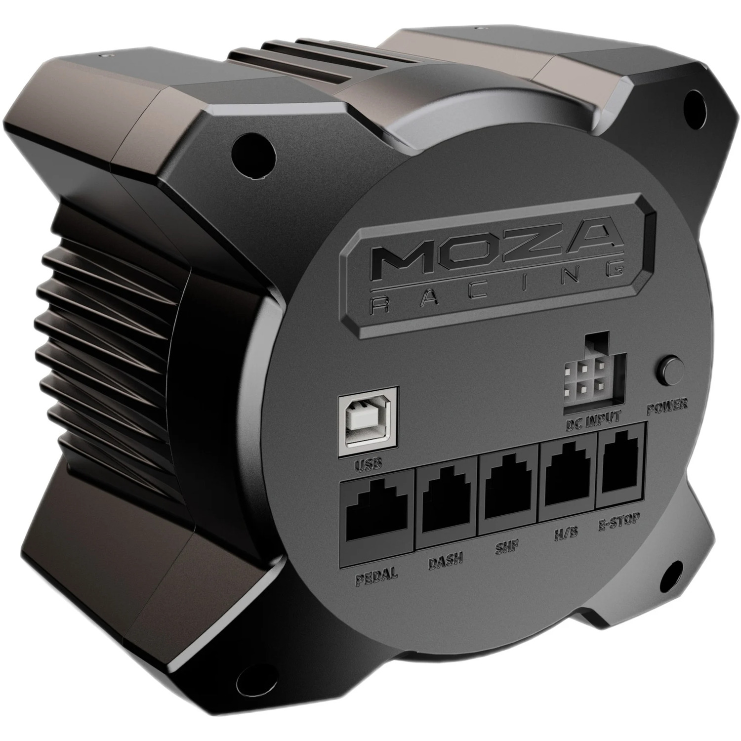 Een zwart Moza Racing-apparaat met poorten voor USB, PEDAL, DASH, SHF, H/B, E-STOP, PC INPUT en POWER. De merknaam is zichtbaar.