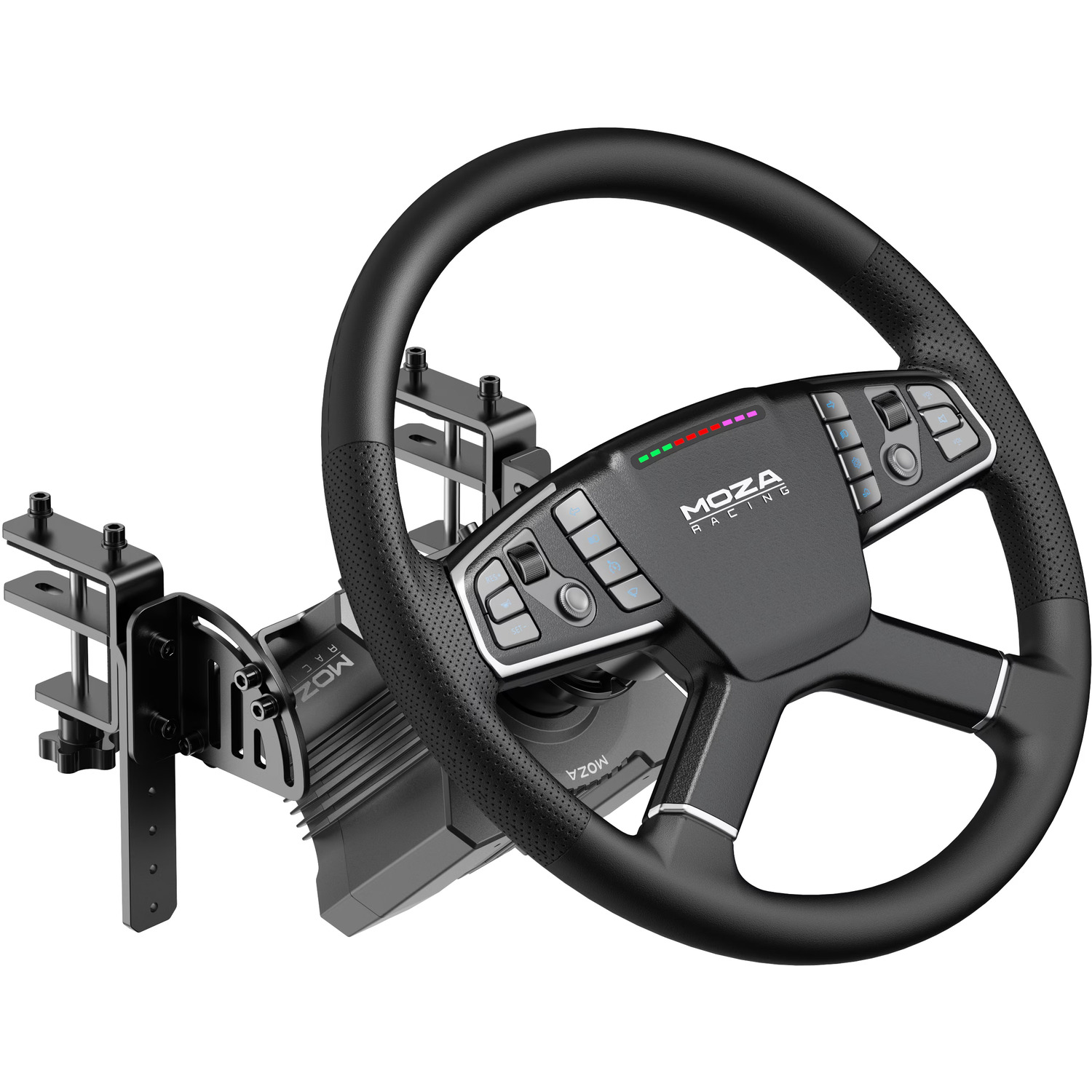 Un volant de course MOZA noir avec boutons et lumières, monté sur un support noir. Le volant est sur fond blanc.