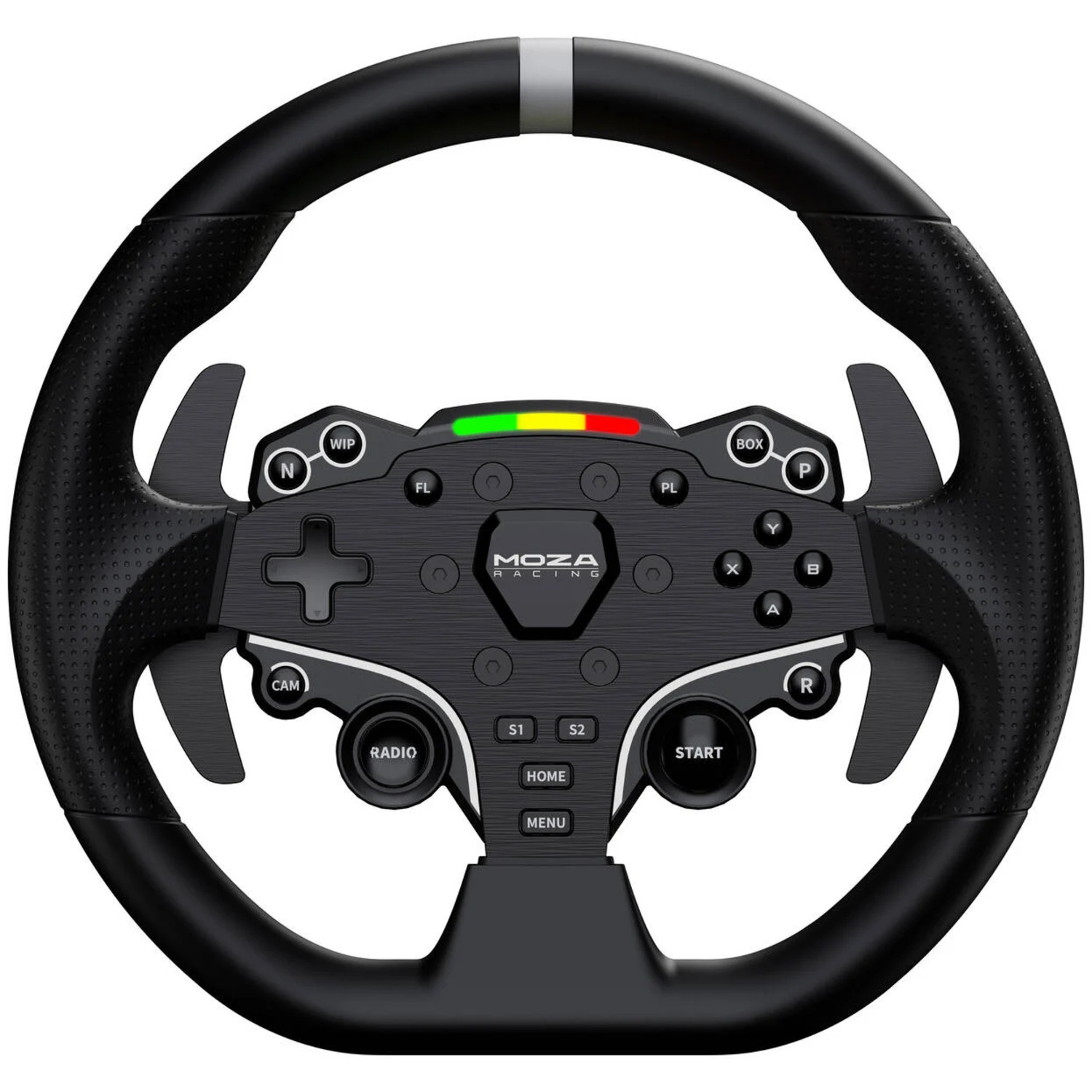 A black racing wheel with buttons, paddles, and a light bar. Features the 'MOZA RACING' logo and various control buttons.