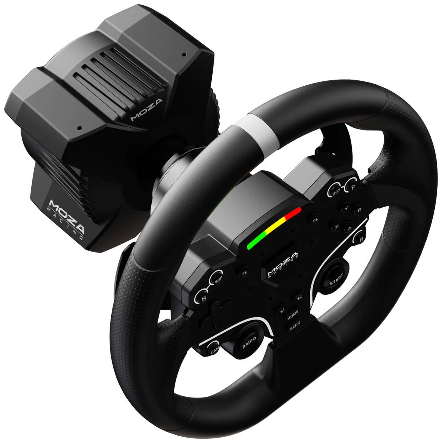 A black MOZA racing wheel. It has buttons, a display, and a textured grip. The wheel is connected to a black base with the MOZA logo.