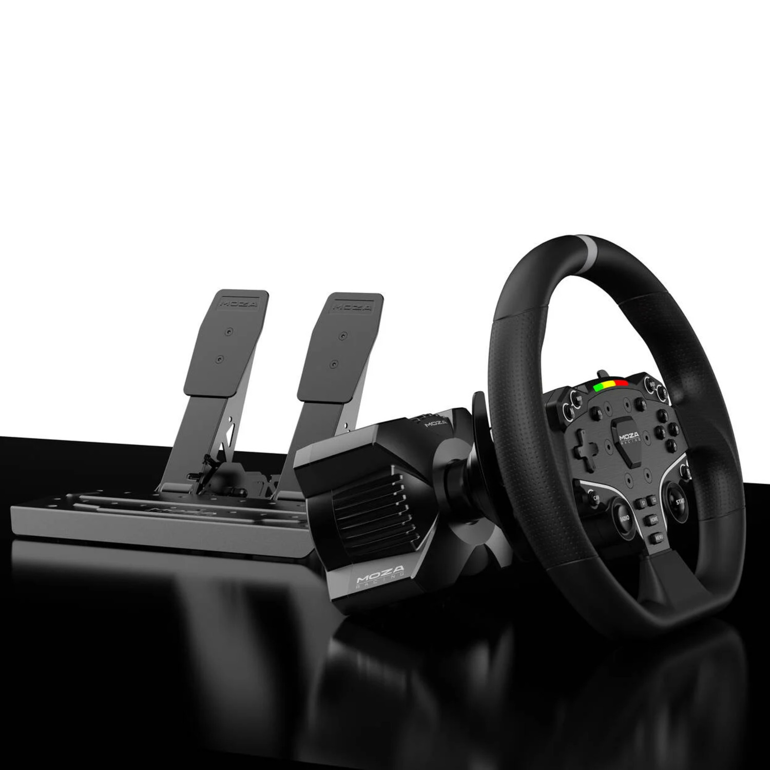 A black racing wheel set with pedals on a glossy surface. The wheel has multiple buttons and a display. The set is new.