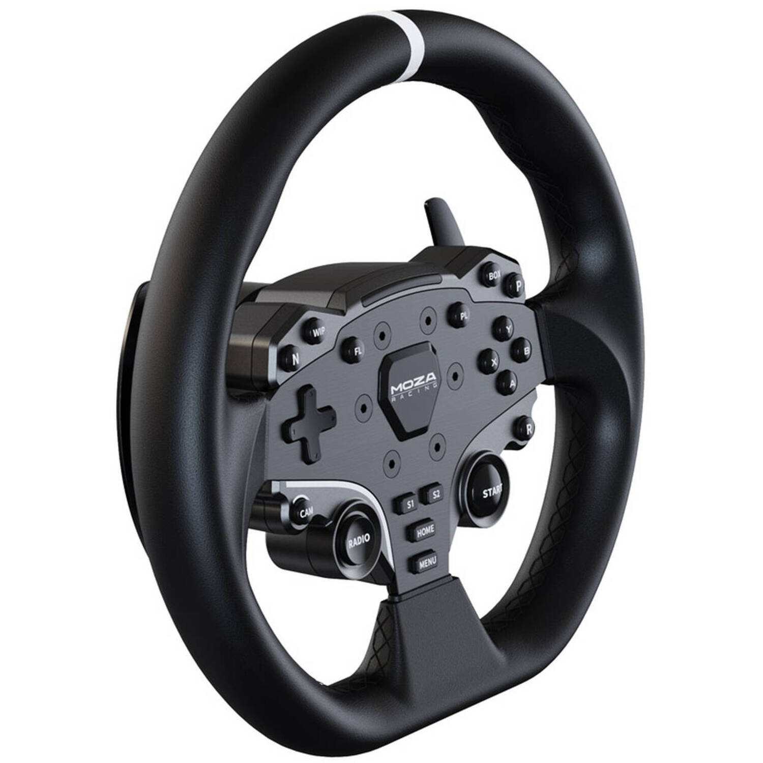 Black racing wheel with many buttons and a white stripe at the top. The brand is MOZA Racing.