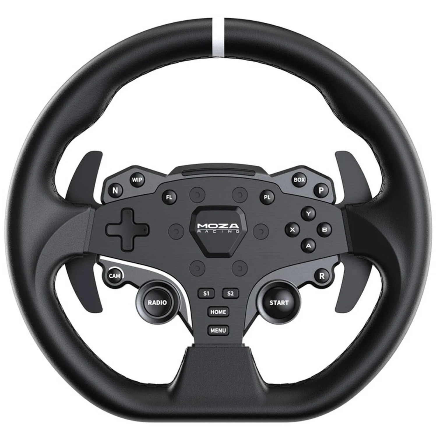 A black MOZA racing wheel with buttons, paddles, and a white stripe at the top. Features buttons for radio, start, and more.