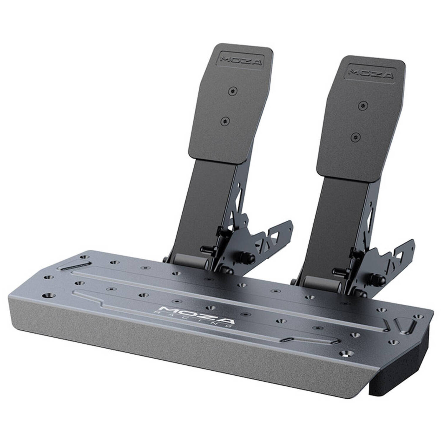 A metal racing pedal set. It has two pedals on a platform, a footrest, and the brand name MOZA.