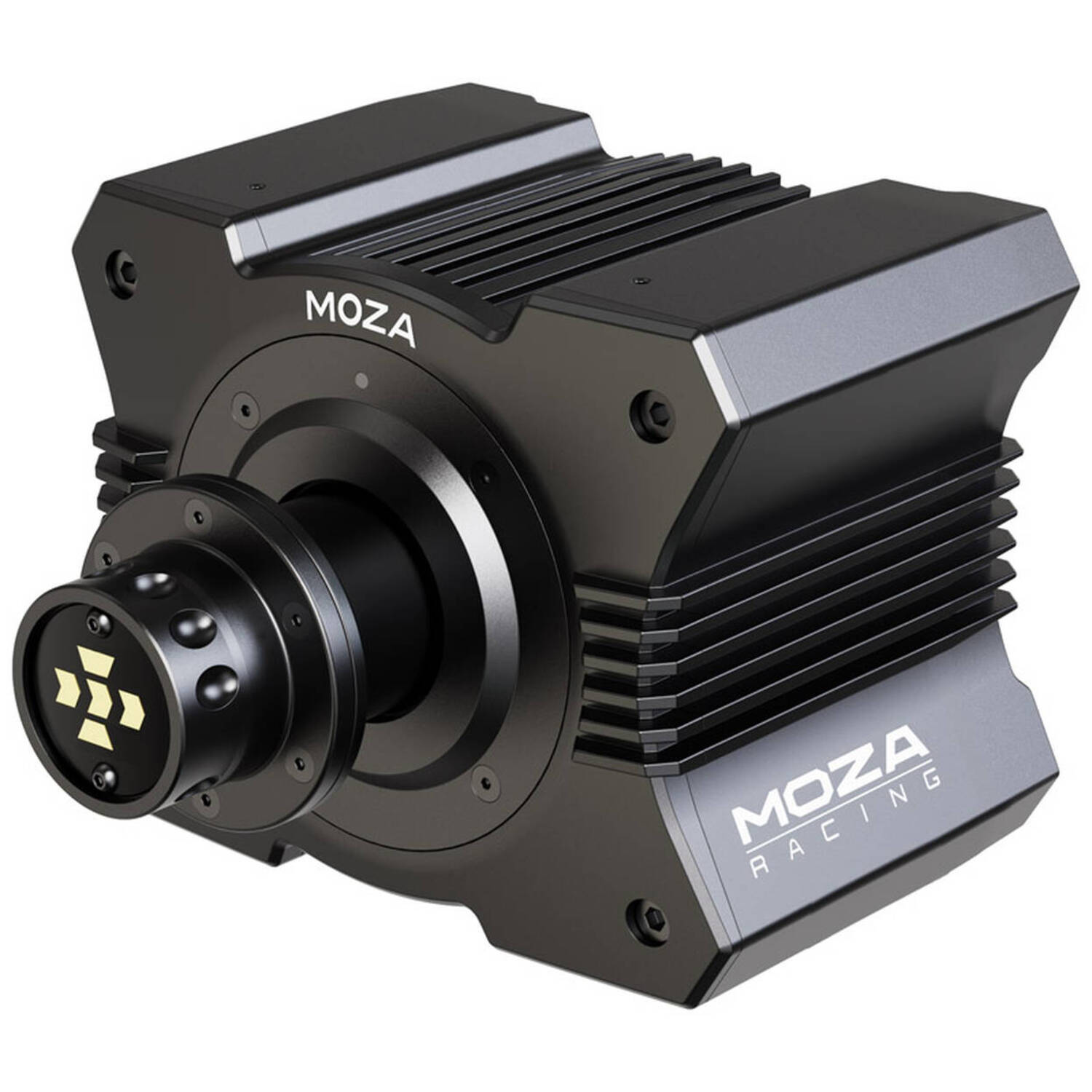 A black MOZA racing wheel base. It is made of metal and has the MOZA logo. It has a round wheel attachment point.