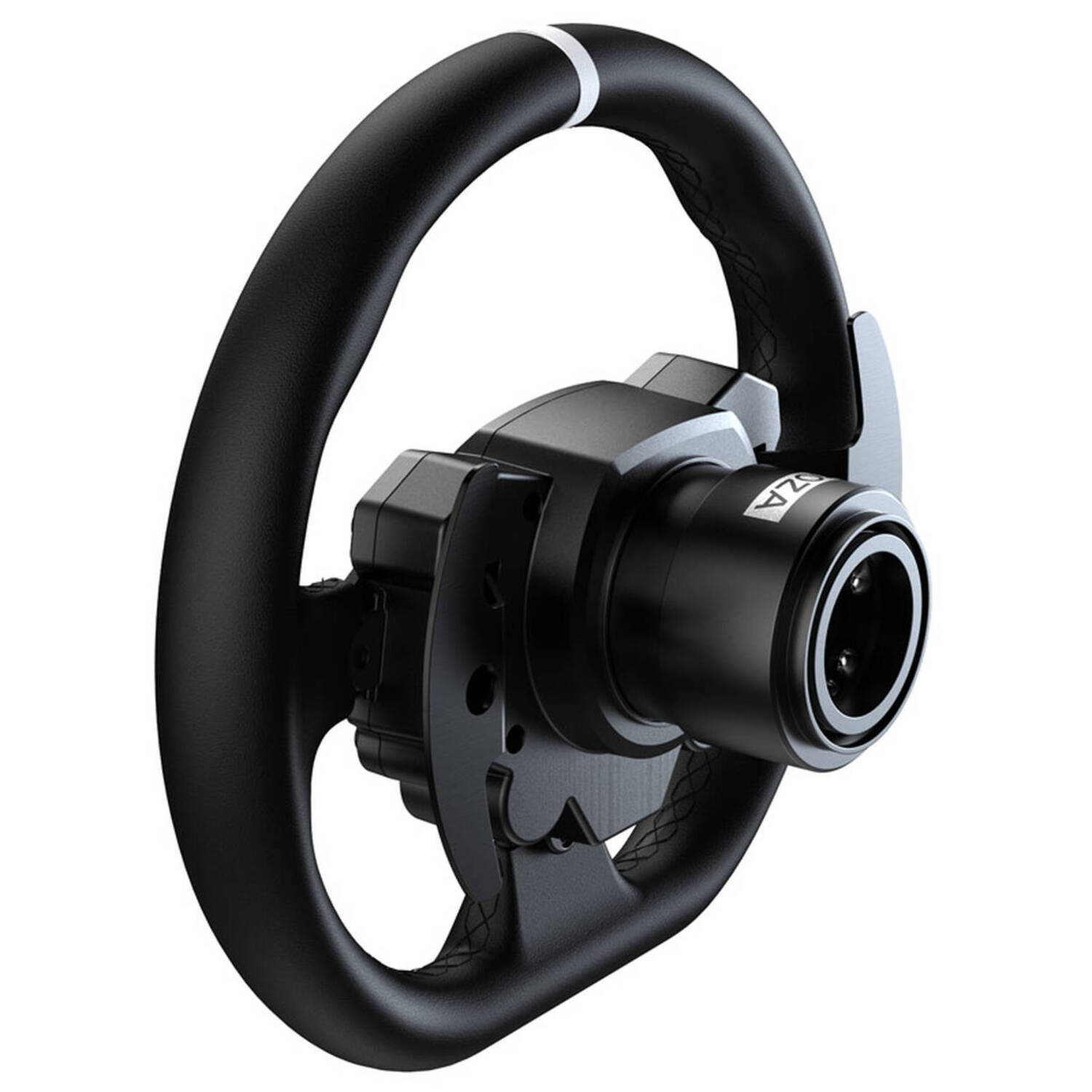 A black racing wheel with a white stripe, featuring a central hub and paddle shifters. The background is white.