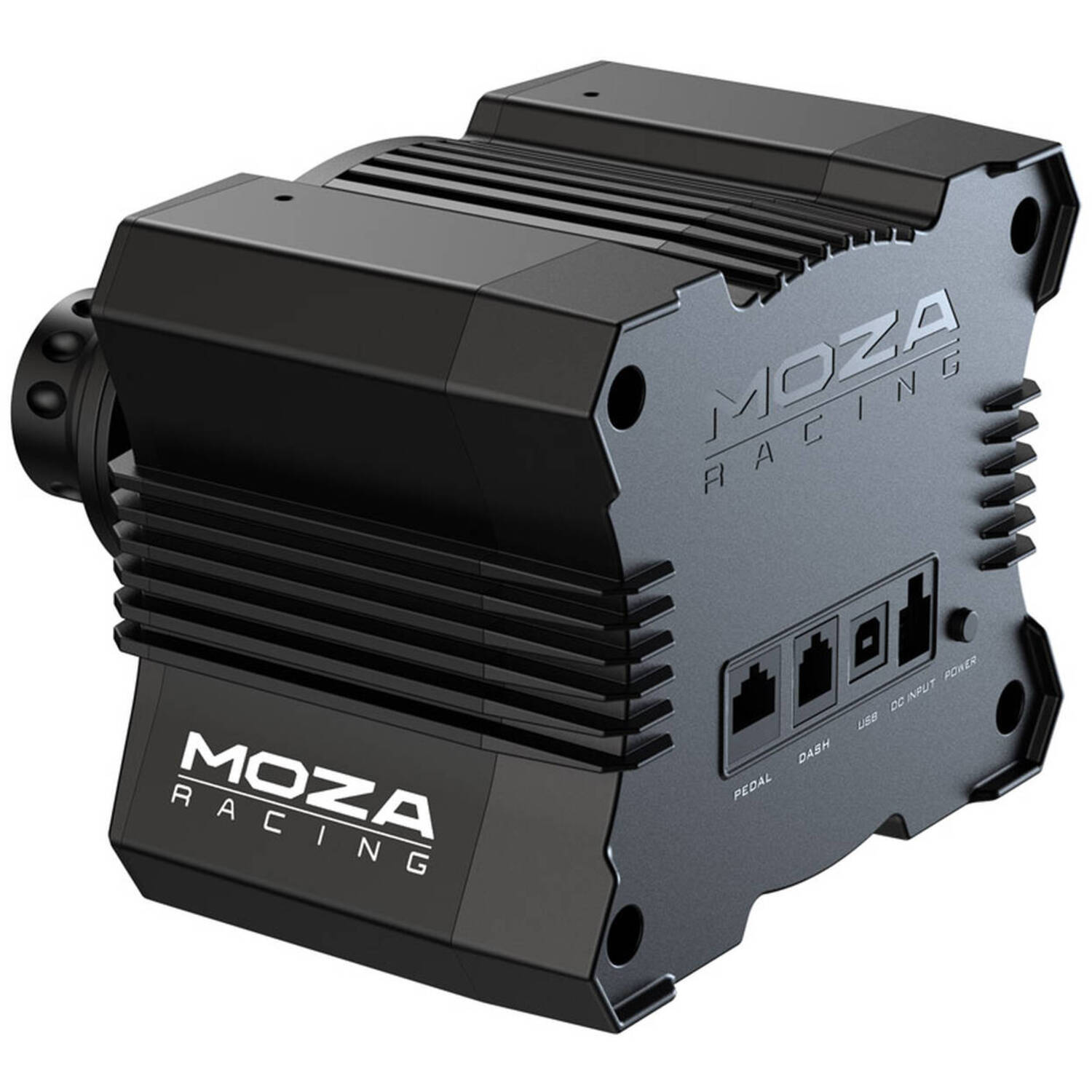 A black MOZA Racing device, showing the brand name and connection ports. It has a wheel attachment on the left side.