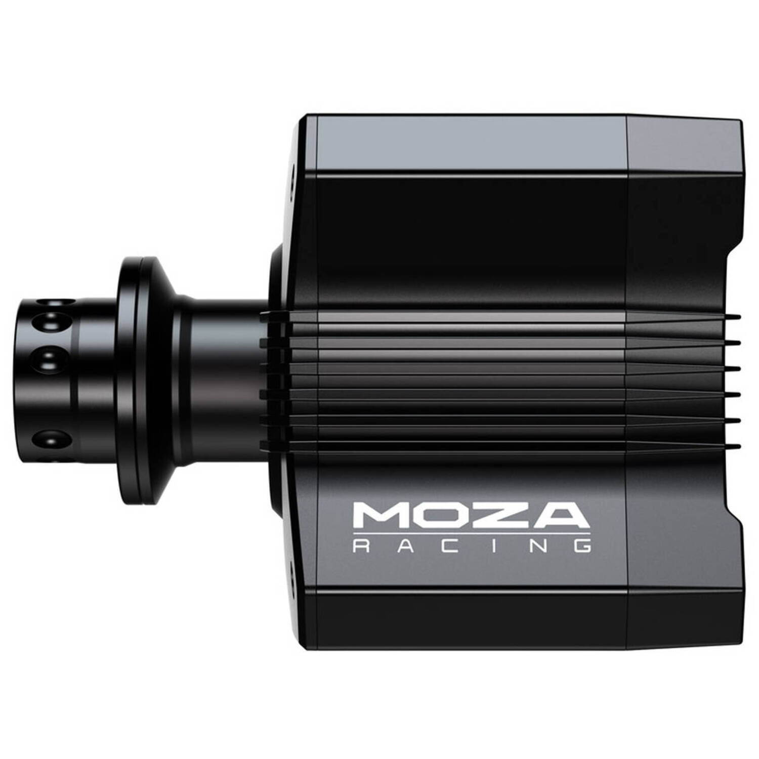 A black MOZA Racing device. It has a cylindrical shaft, a ribbed section, and the company's logo.