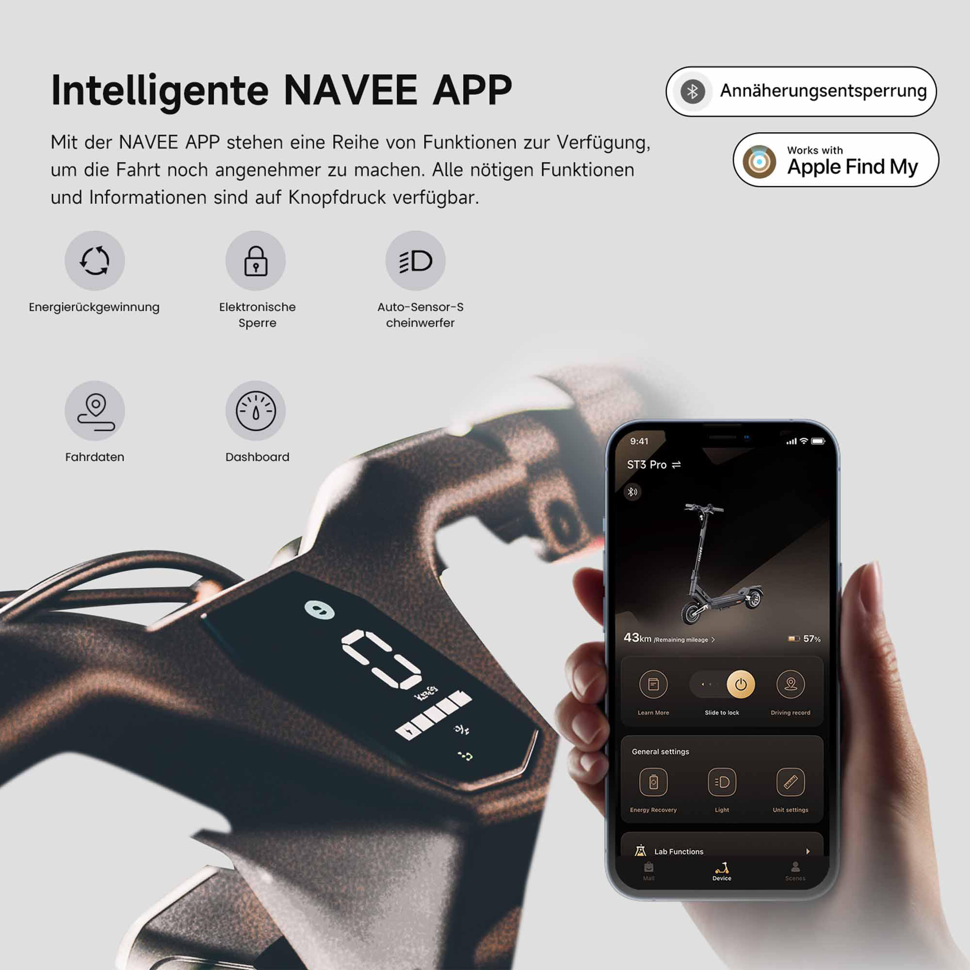 Ein Smartphone zeigt die NAVEE-App mit Rollerdaten. Text und Symbole zu Funktionen sind sichtbar.