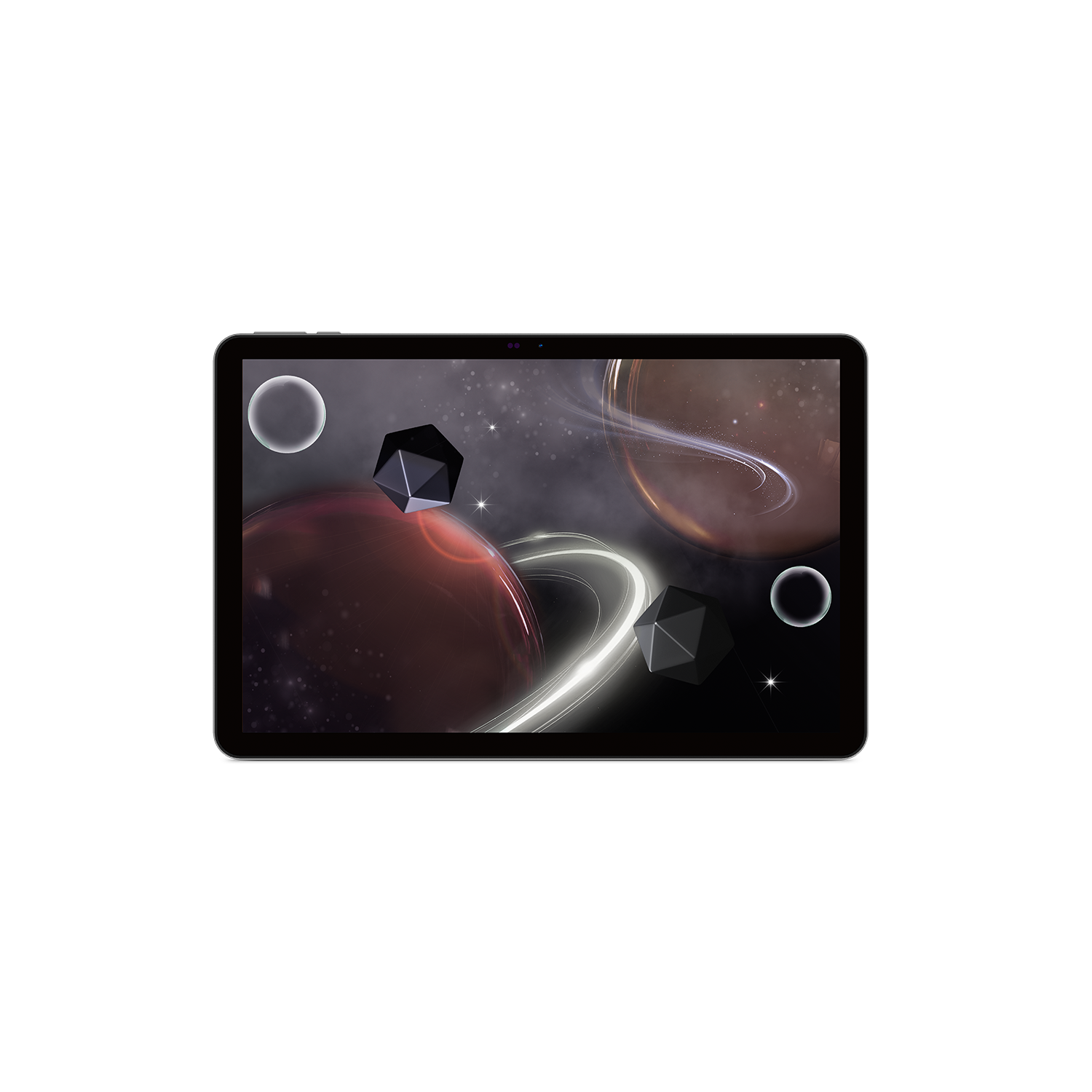 Tableta que muestra una escena espacial con planetas, formas geométricas y anillos. El fondo presenta estrellas y nebulosas.