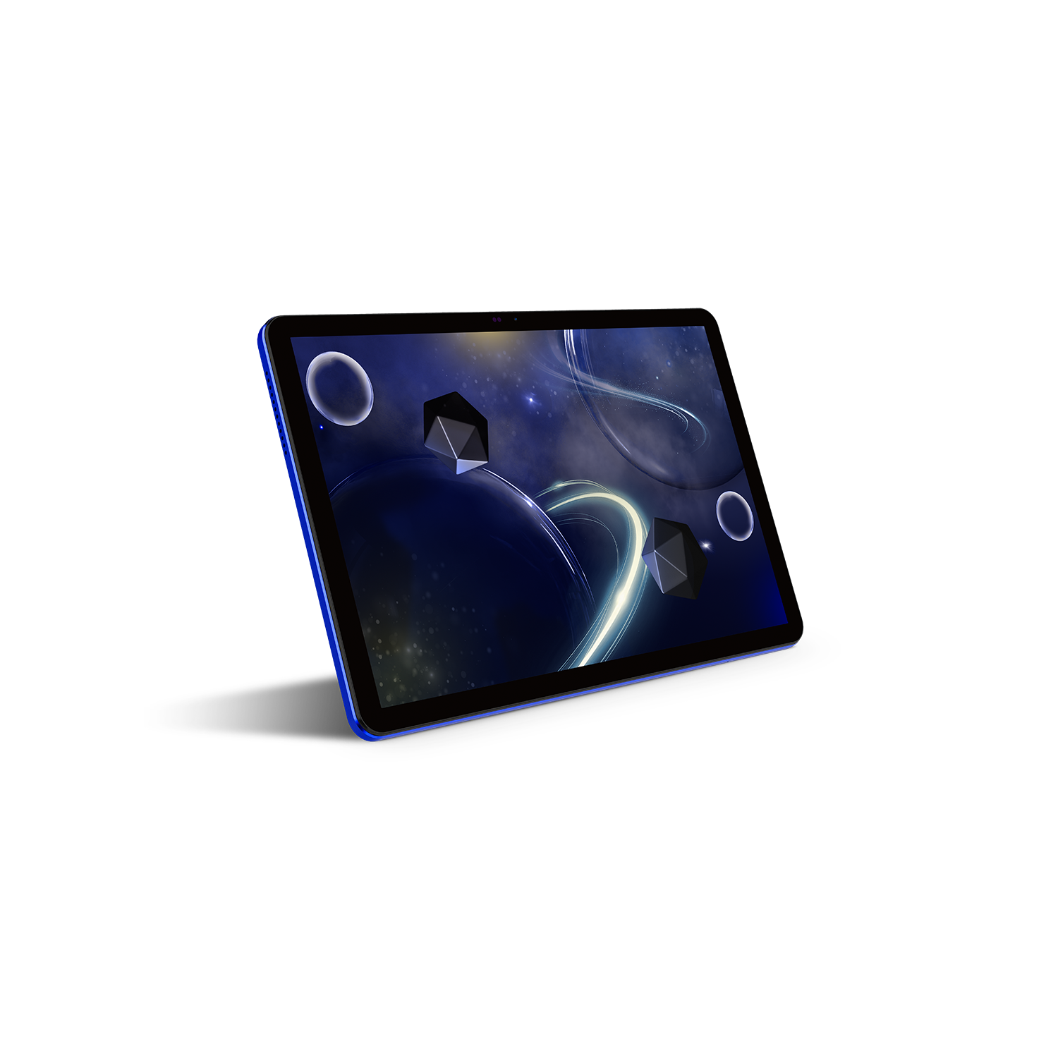 Una tableta azul muestra una escena cósmica con formas geométricas y líneas brillantes. La tableta está apoyada en una superficie negra.