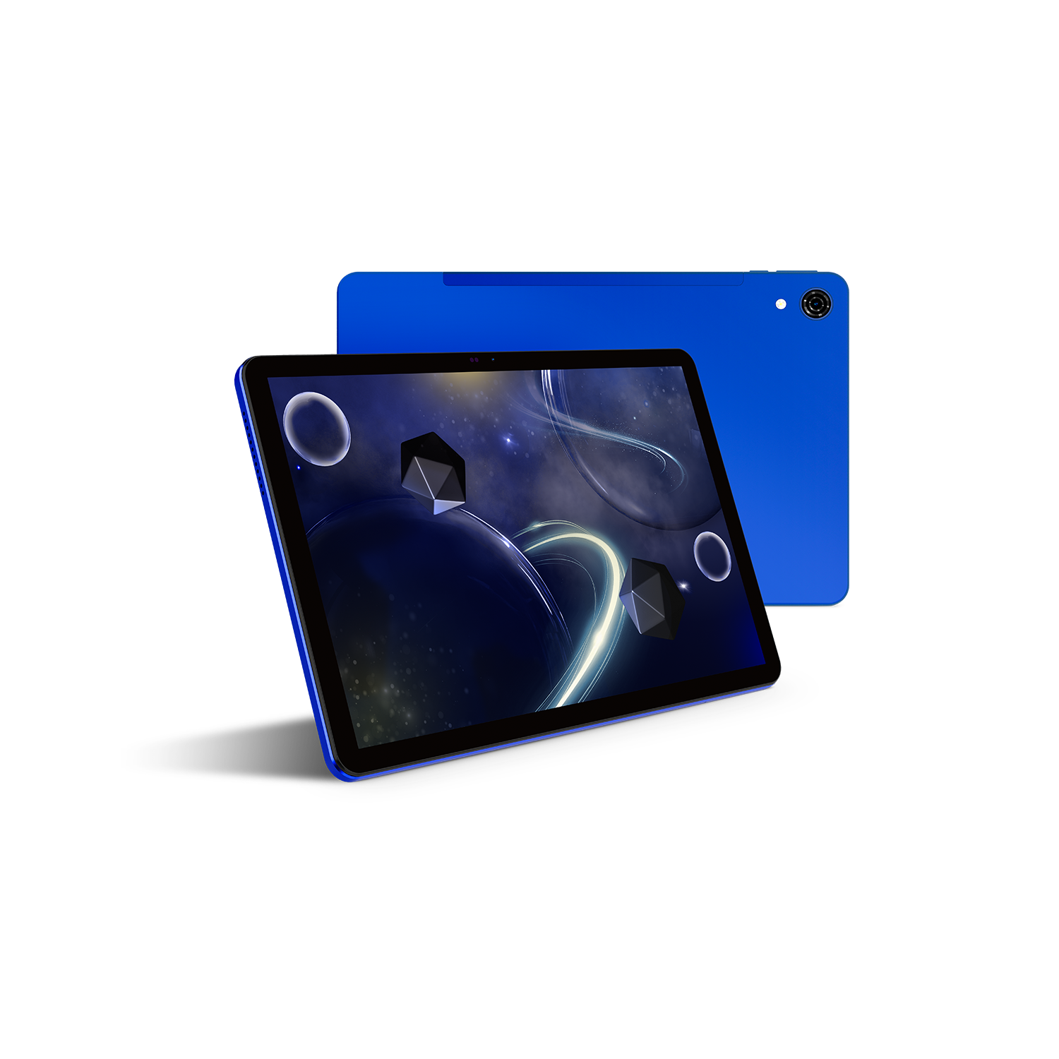 Tableta azul con pantalla negra que muestra un gráfico espacial. Otra tableta está detrás. Ambas tienen bordes negros.