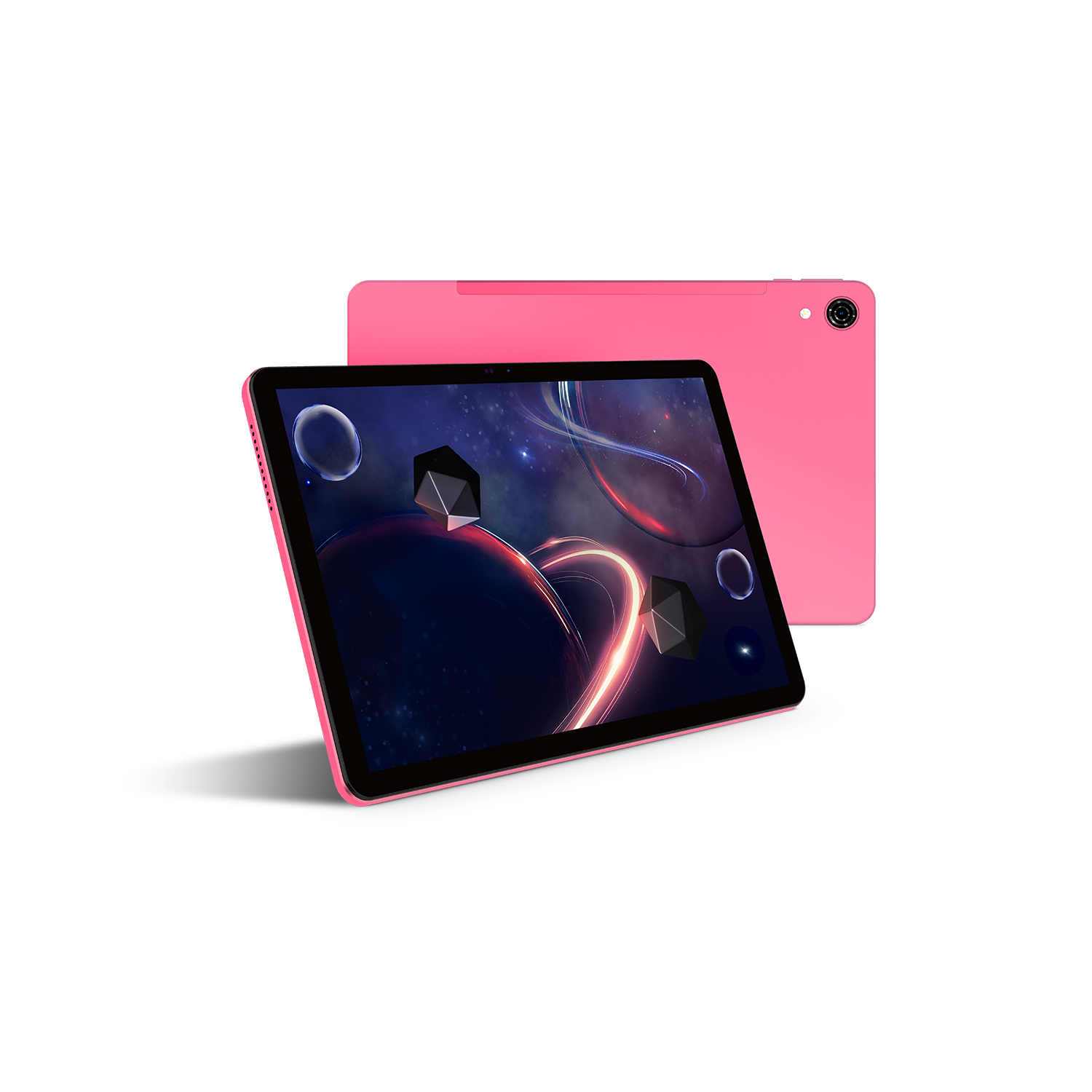 Tableta rosa con pantalla temática espacial, otra tableta detrás. Ambas son rosas, sobre una superficie blanca. Cámara visible.