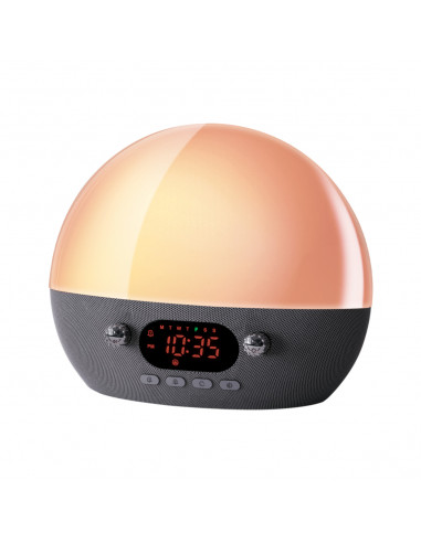 Un despertador redondo y moderno con una parte superior naranja brillante, base gris oscuro. El reloj muestra 10:35.