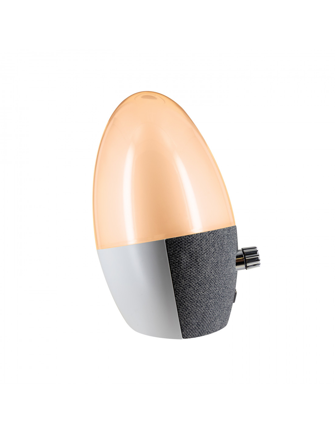Una lámpara en forma de huevo con parte superior color melocotón, centro blanco e inferior de tela gris. Una perilla plateada está en el costado.
