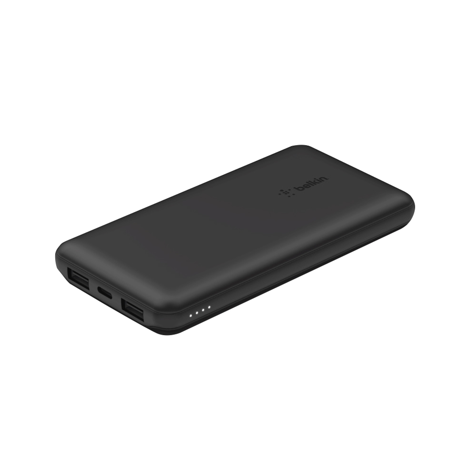 Un power bank Belkin negro. Tiene dos puertos USB, un puerto de carga e indicadores de encendido. El fondo es blanco.
