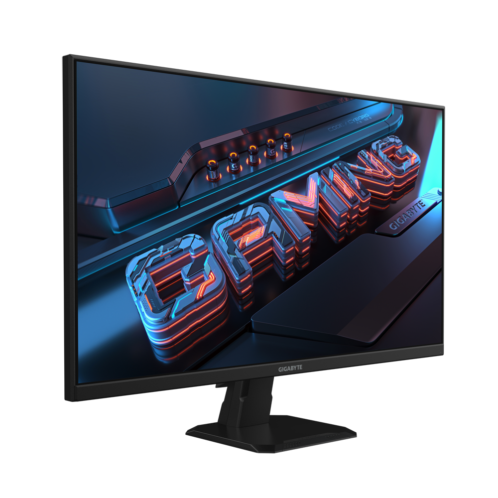 Un monitor de juegos muestra la palabra "GAMING" con contornos de neón naranja. El logotipo de Gigabyte está en la parte inferior.