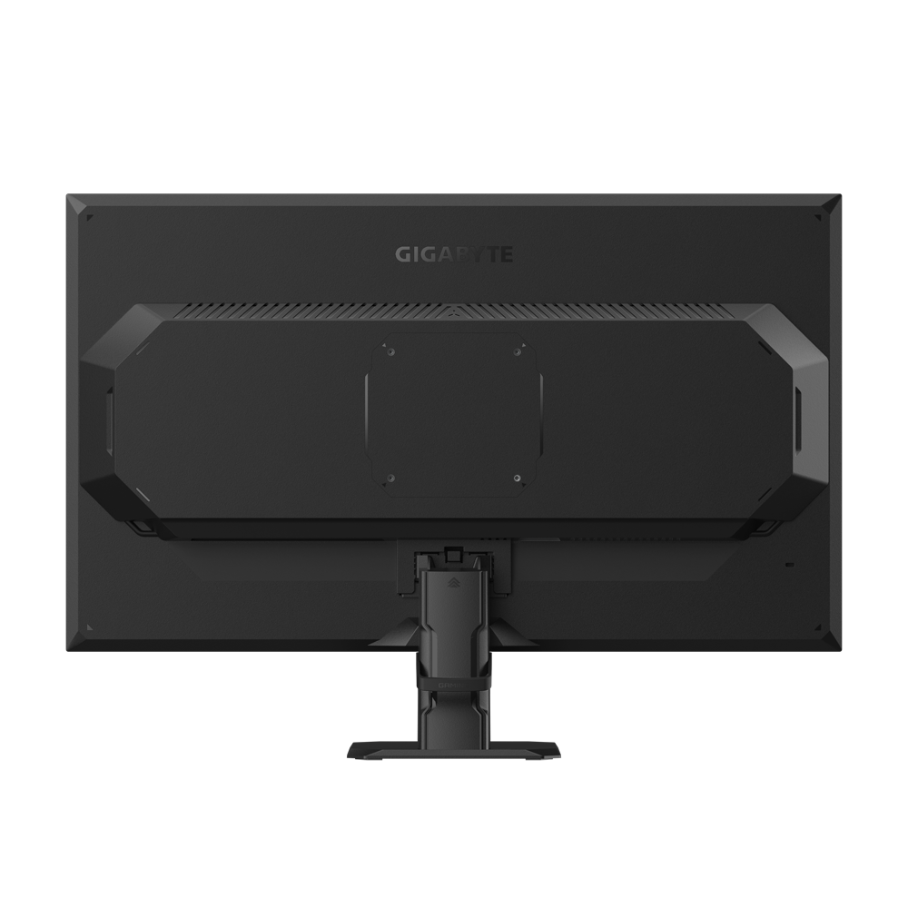Parte trasera de un monitor Gigabyte negro. El monitor tiene un soporte. El logotipo de Gigabyte es visible. El fondo es negro liso.