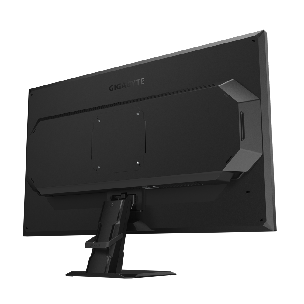 Vista trasera de un monitor Gigabyte negro. Muestra el soporte y la parte trasera con el logo de Gigabyte. El monitor tiene un diseño gaming.
