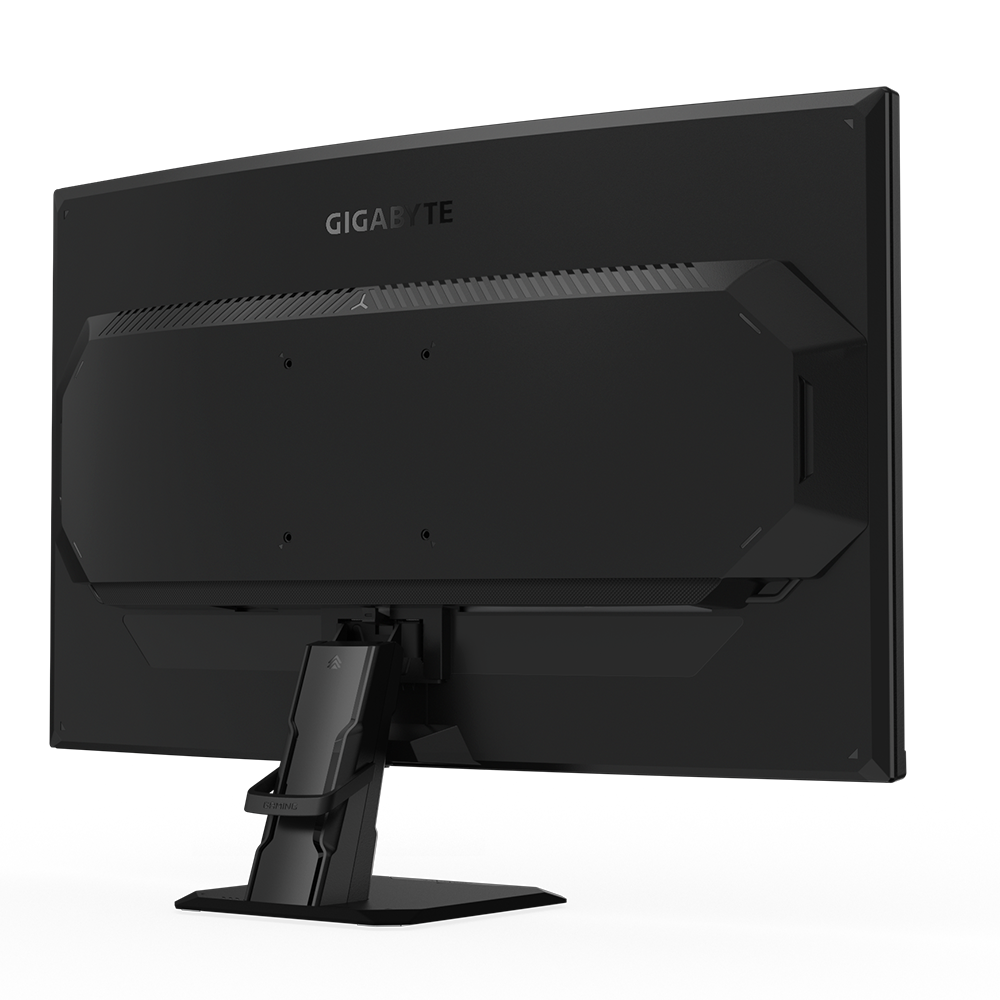 Vista trasera de un monitor Gigabyte negro. Se ven el soporte y el panel trasero, con la marca arriba.