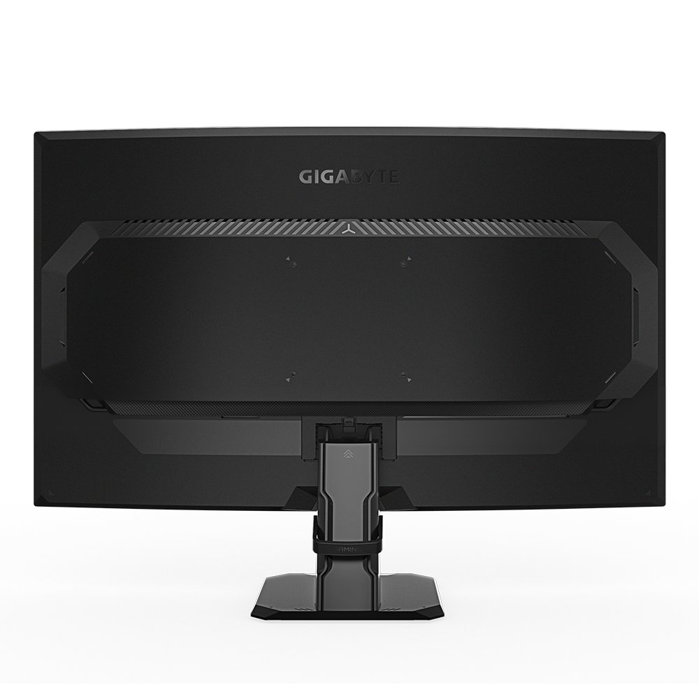 Vista trasera de un monitor Gigabyte negro. Tiene un soporte y el nombre de la marca es visible en la parte superior.