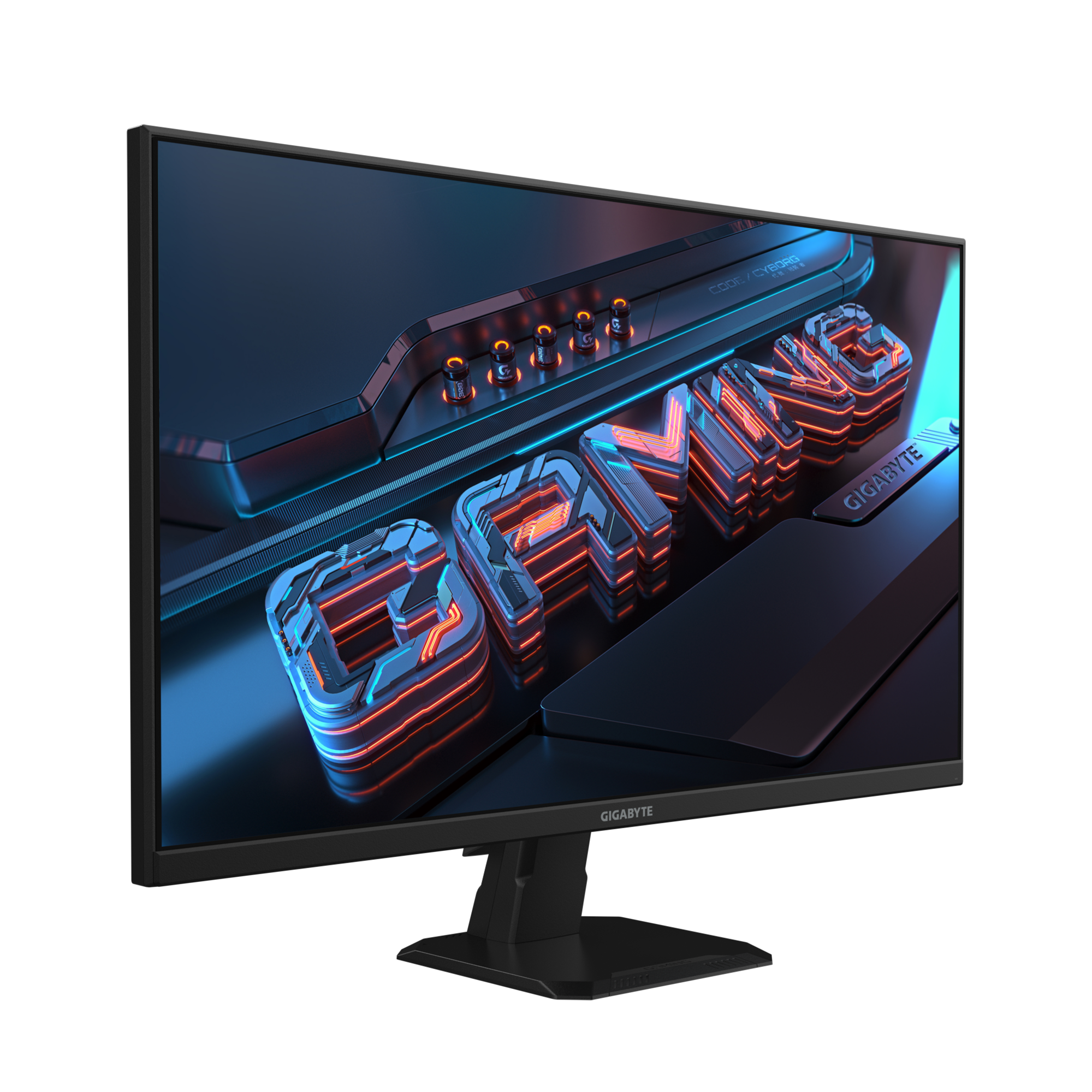 Un monitor de computadora muestra 'GAMING' en letras 3D con iluminación naranja neón. La marca es Gigabyte.