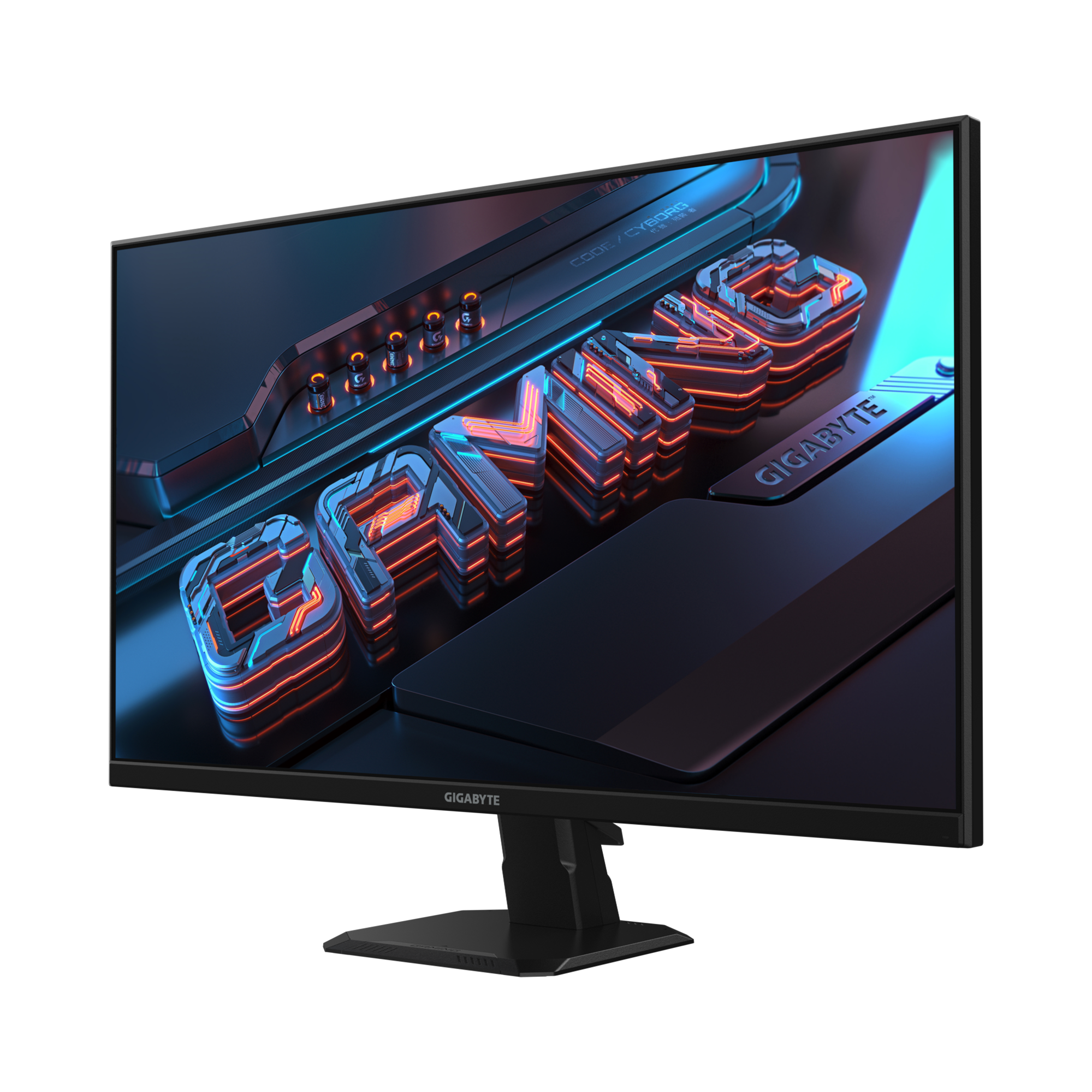 Un monitor de juegos Gigabyte negro muestra la palabra 'GAMING' en luces de neón rojas y naranjas. El fondo es oscuro con tonos azules.