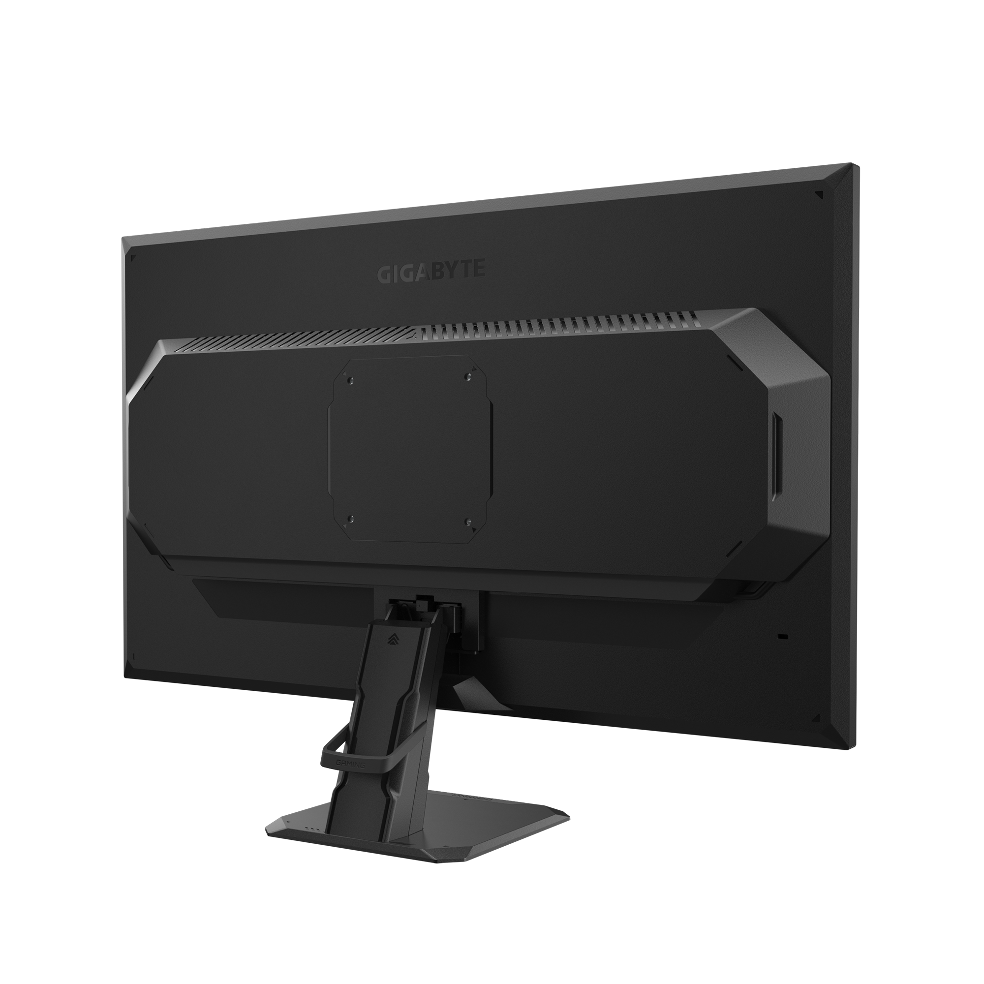 Parte trasera de un monitor Gigabyte negro. Muestra el soporte y el panel trasero con el nombre de la marca.