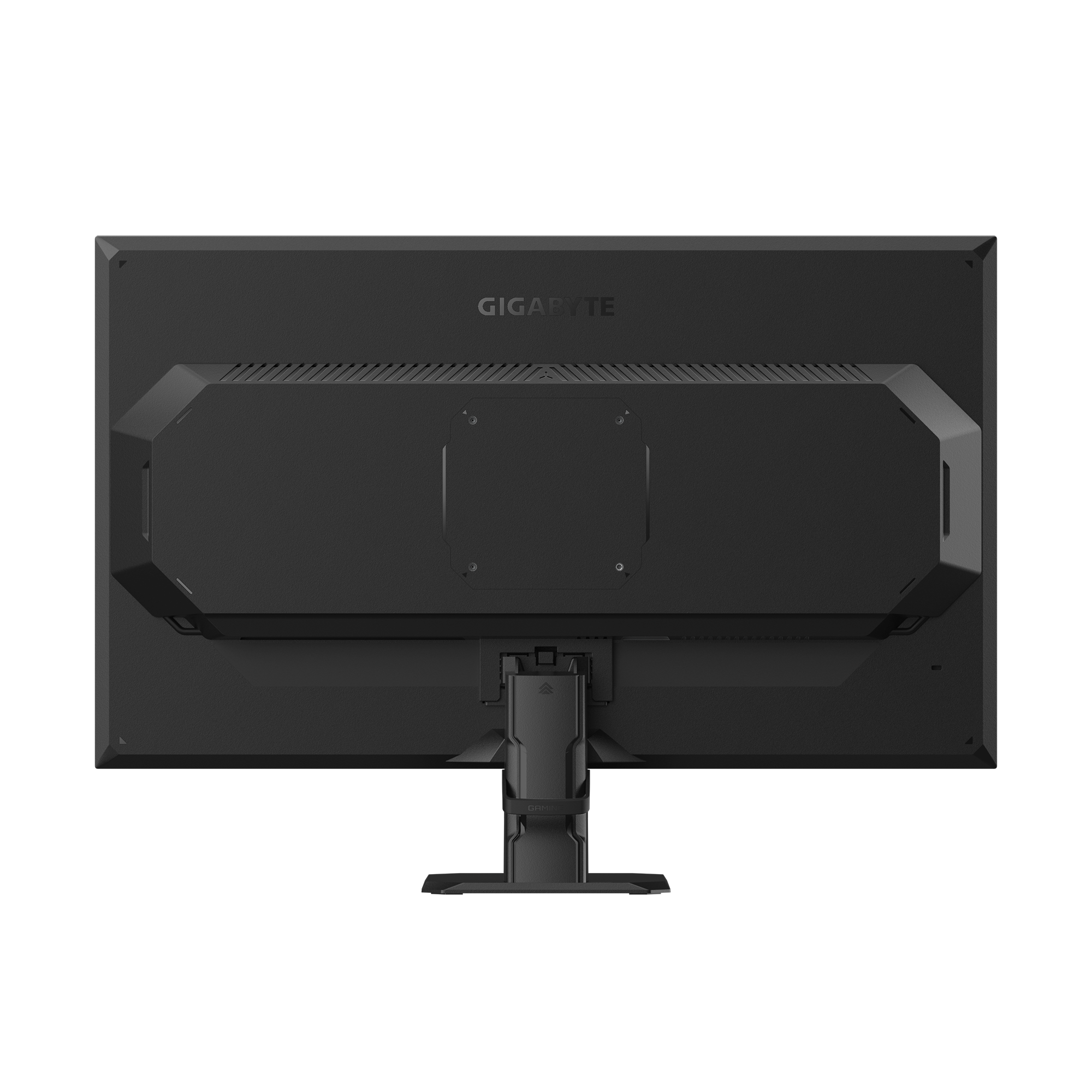 Vista posterior de un monitor Gigabyte negro. El soporte está en la parte inferior, con el logotipo de Gigabyte en la parte superior.