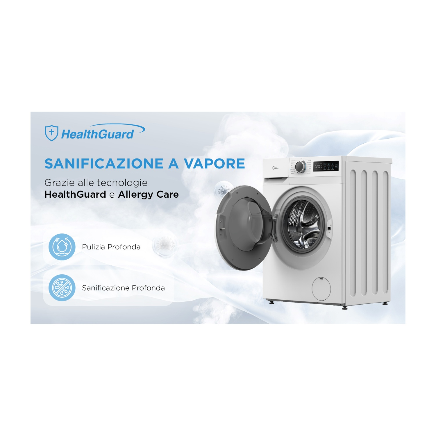 Una lavatrice bianca con la porta aperta. Il testo dice 'Sanificazione a vapore' ed evidenzia 'HealthGuard' e 'Allergy Care'.