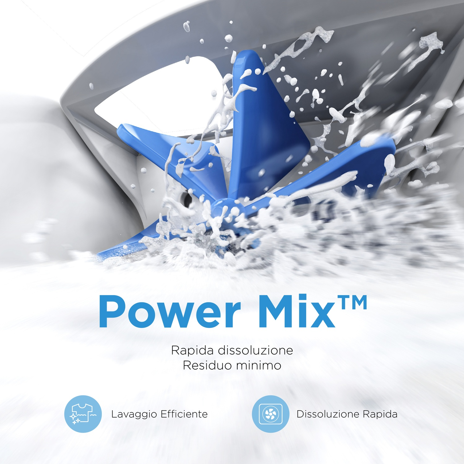 Una girante blu si mescola con l'acqua, creando un effetto splash. Il testo "Power Mix" è mostrato, insieme ad altro testo descrittivo.