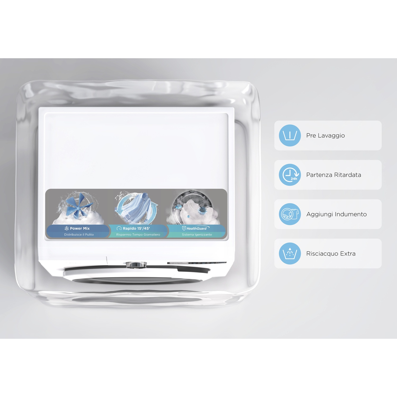 Una lavatrice bianca con icone blu. Include Power Mix, Rapid 15/45 e HealthGuard. Ha le opzioni Pre Lavaggio e Partenza Ritardata.