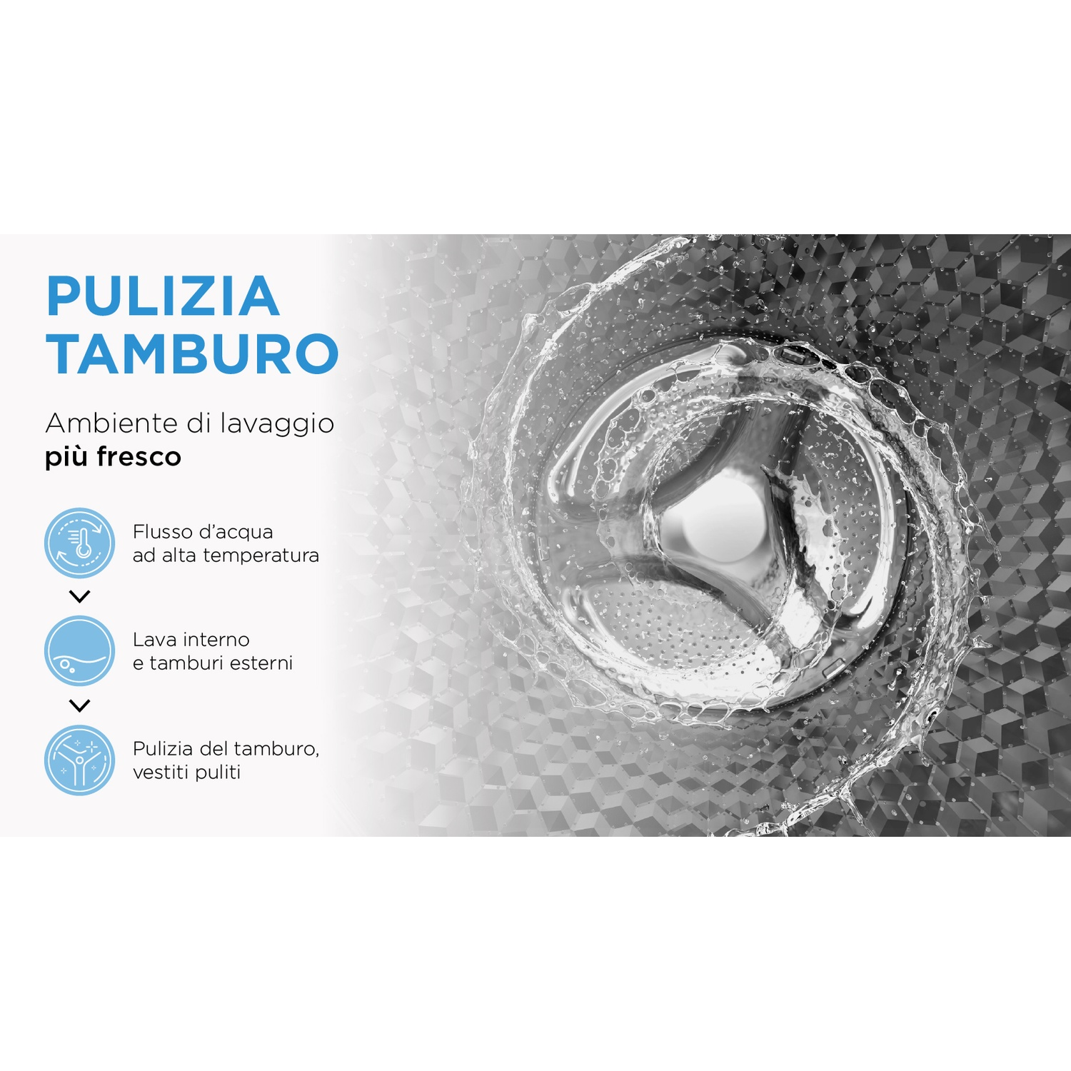 Illustrazione della pulizia del cestello della lavatrice. L'acqua schizza intorno al cestello, con testo sull'acqua ad alta temperatura e vestiti puliti.