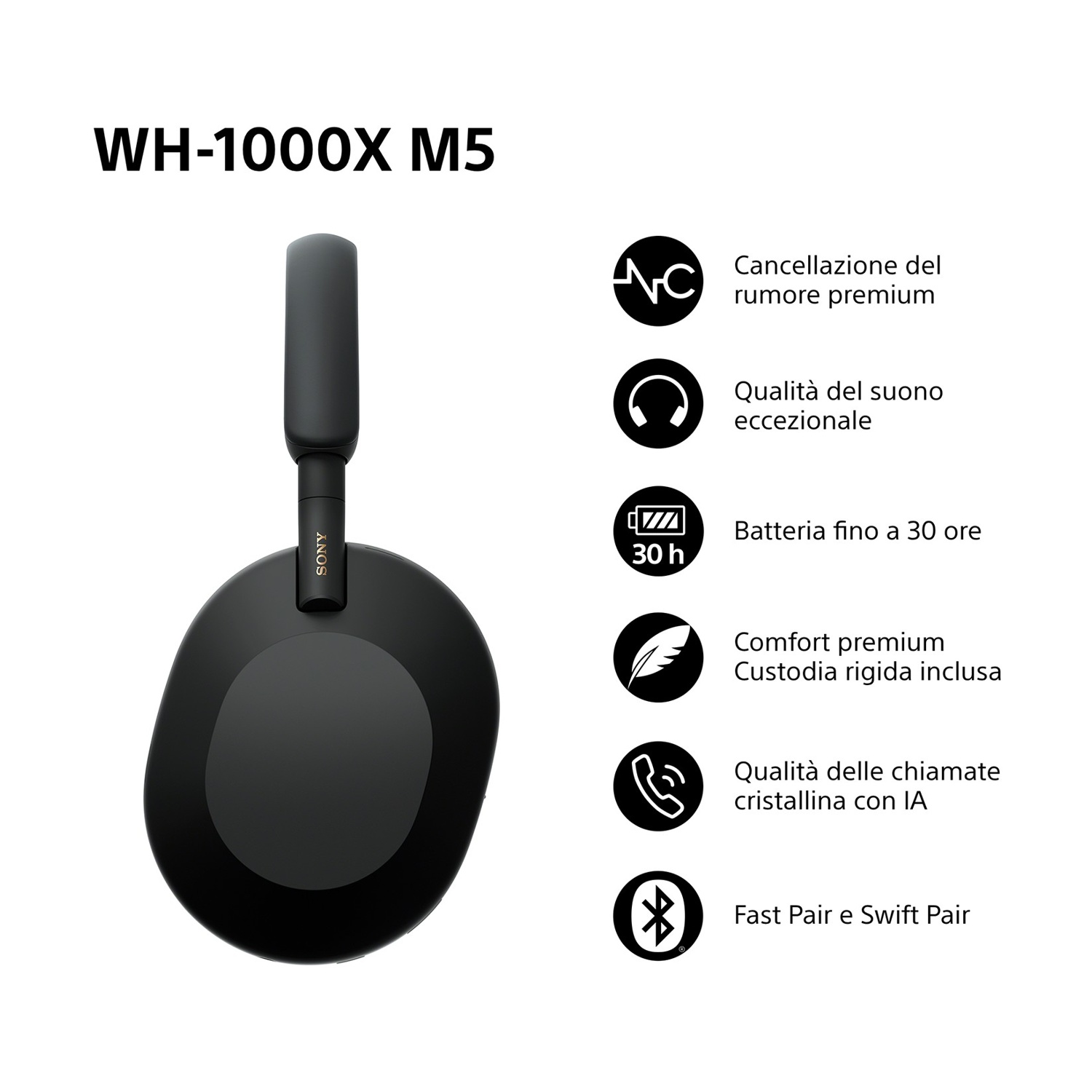 Cuffie Sony WH-1000XM5 nere con icone e testo delle funzioni. Include cancellazione del rumore, qualità del suono eccezionale, batteria da 30 ore.