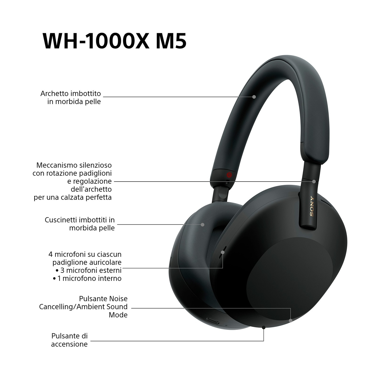 Cuffie nere Sony WH-1000XM5 con cuscinetti e archetto morbidi. Funzionalità: cancellazione rumore, modalità ambiente e pulsante accensione.