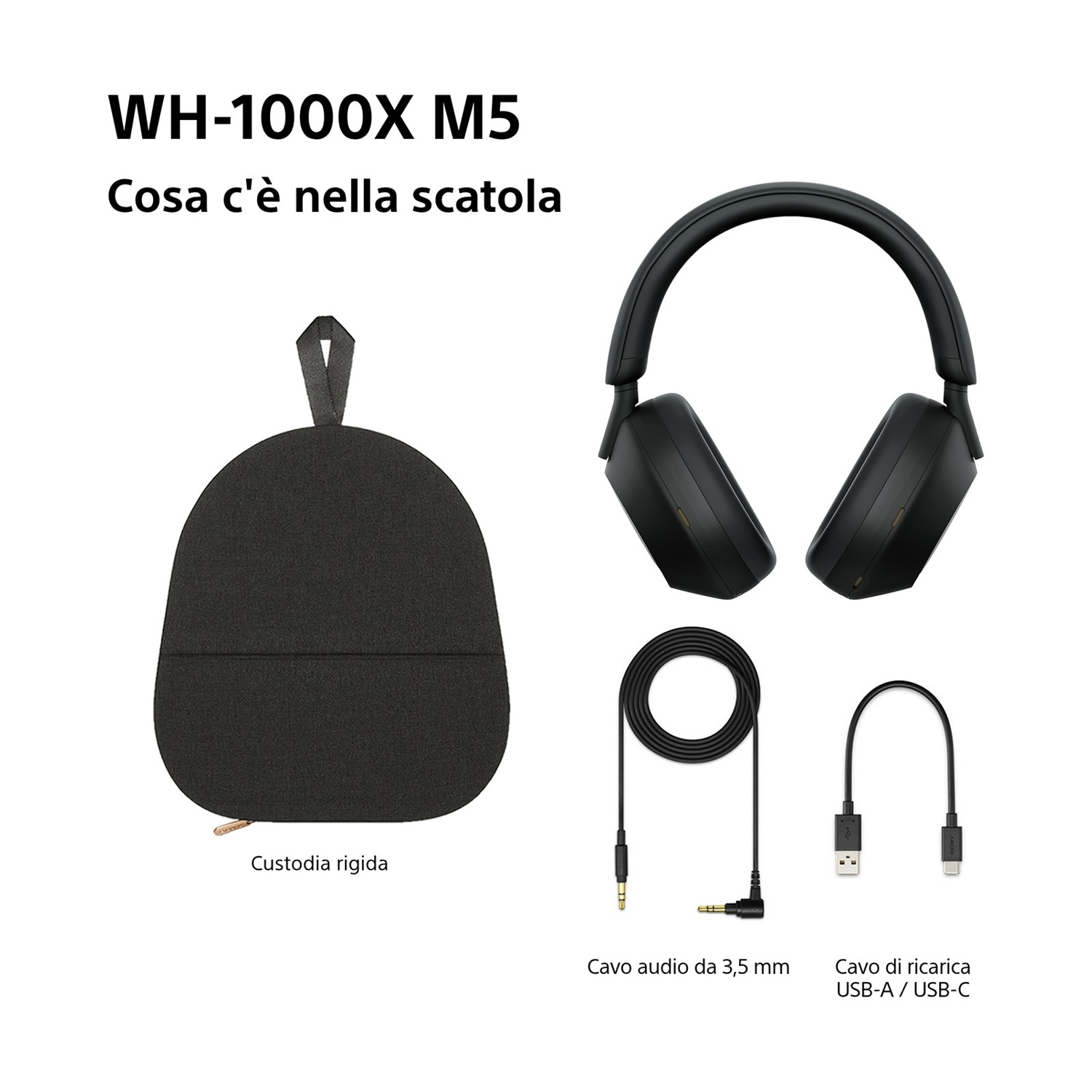 L'immagine mostra cuffie, una custodia, un cavo audio da 3,5 mm e un cavo di ricarica da USB-A a USB-C. Tutti gli oggetti sono neri.