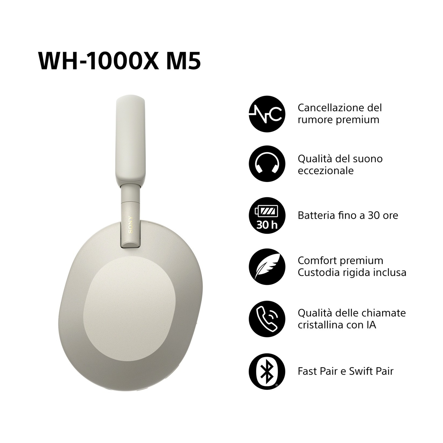 Cuffie Sony WH-1000XM5 color crema con caratteristiche: cancellazione del rumore, suono eccezionale, batteria da 30 ore e associazione rapida.