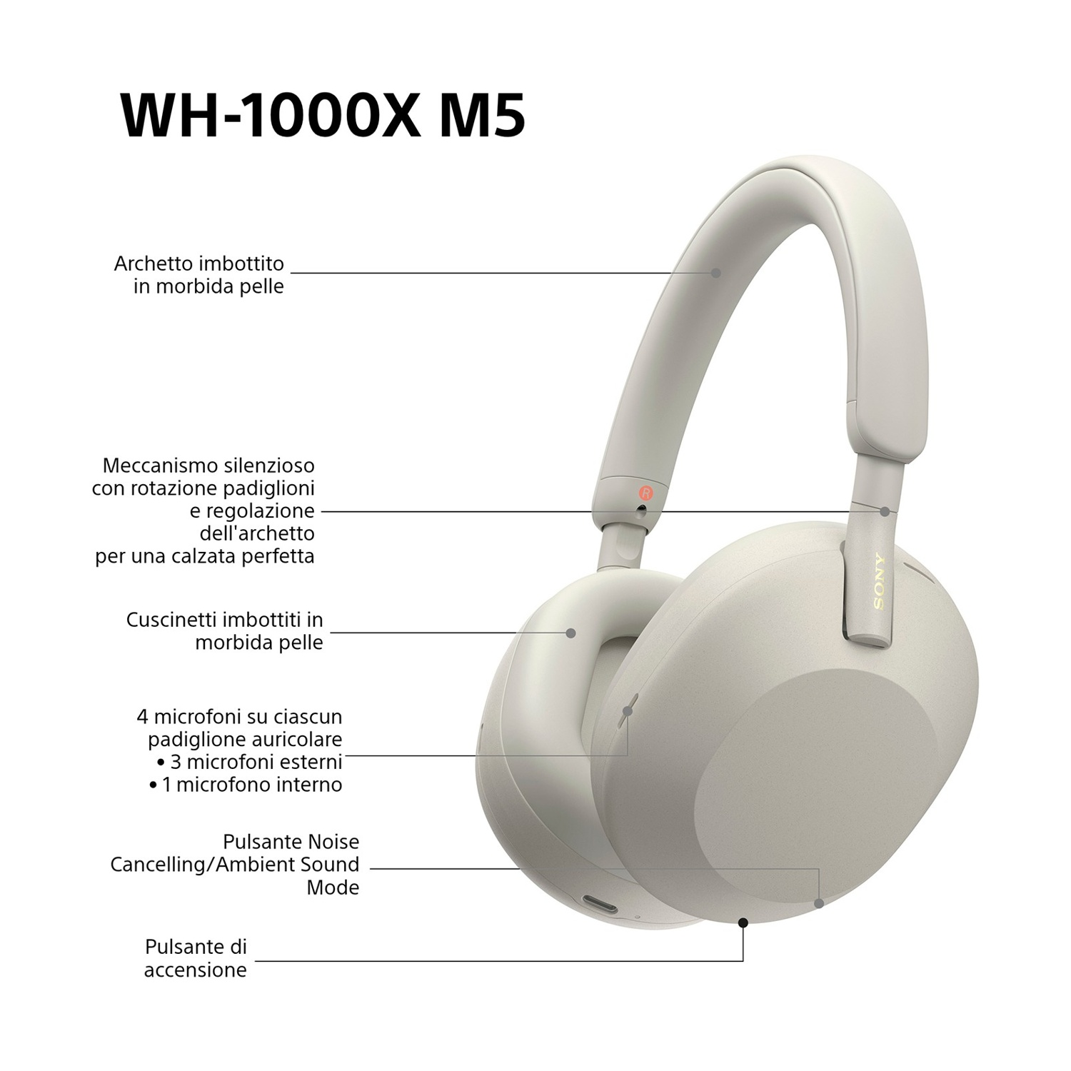 Cuffie beige Sony WH-1000XM5. Caratteristiche: cuscinetti imbottiti, pulsante di cancellazione del rumore e microfoni esterni.