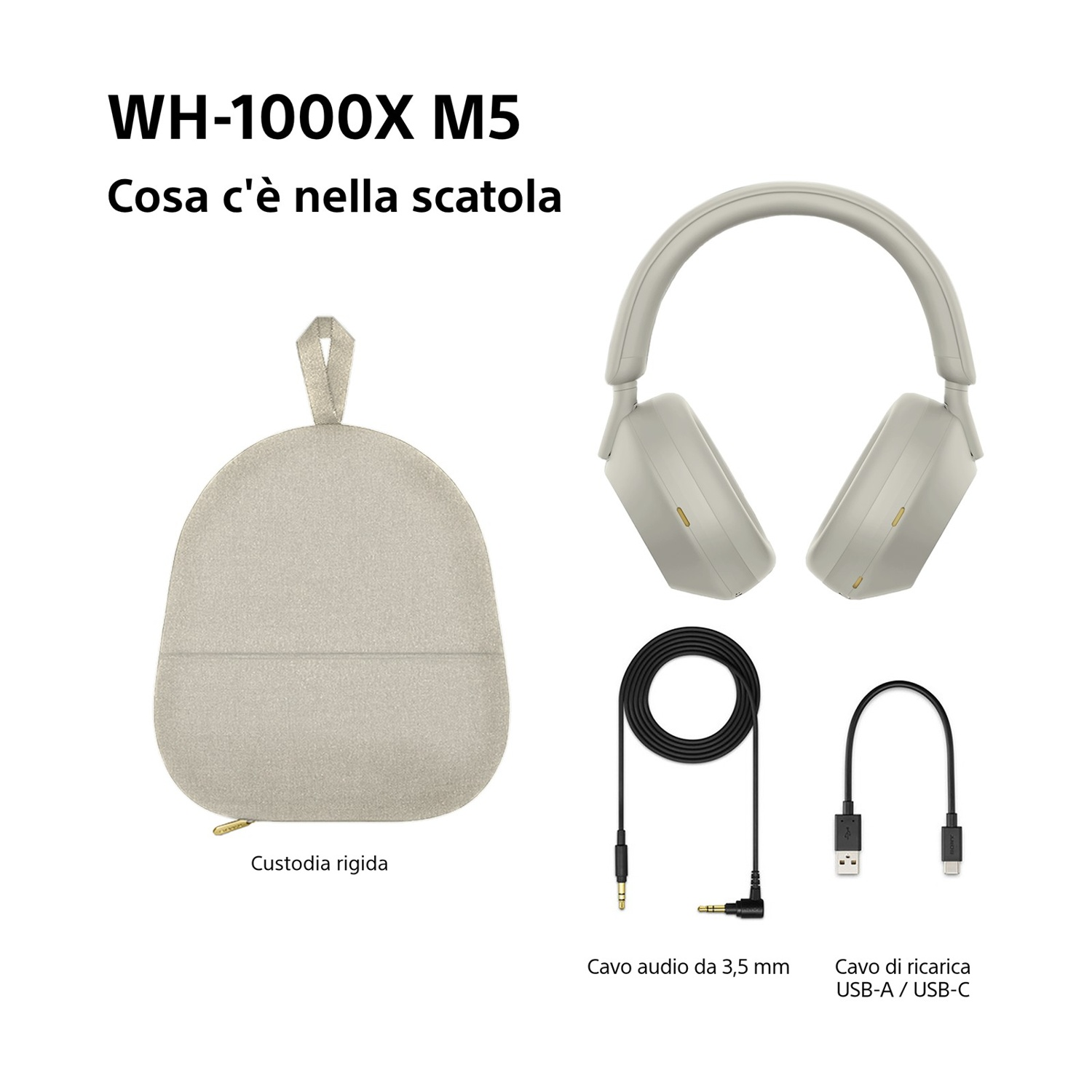 L'immagine mostra le cuffie Sony WH-1000XM5, una custodia rigida, un cavo audio da 3,5 mm e un cavo di ricarica USB-A/USB-C.