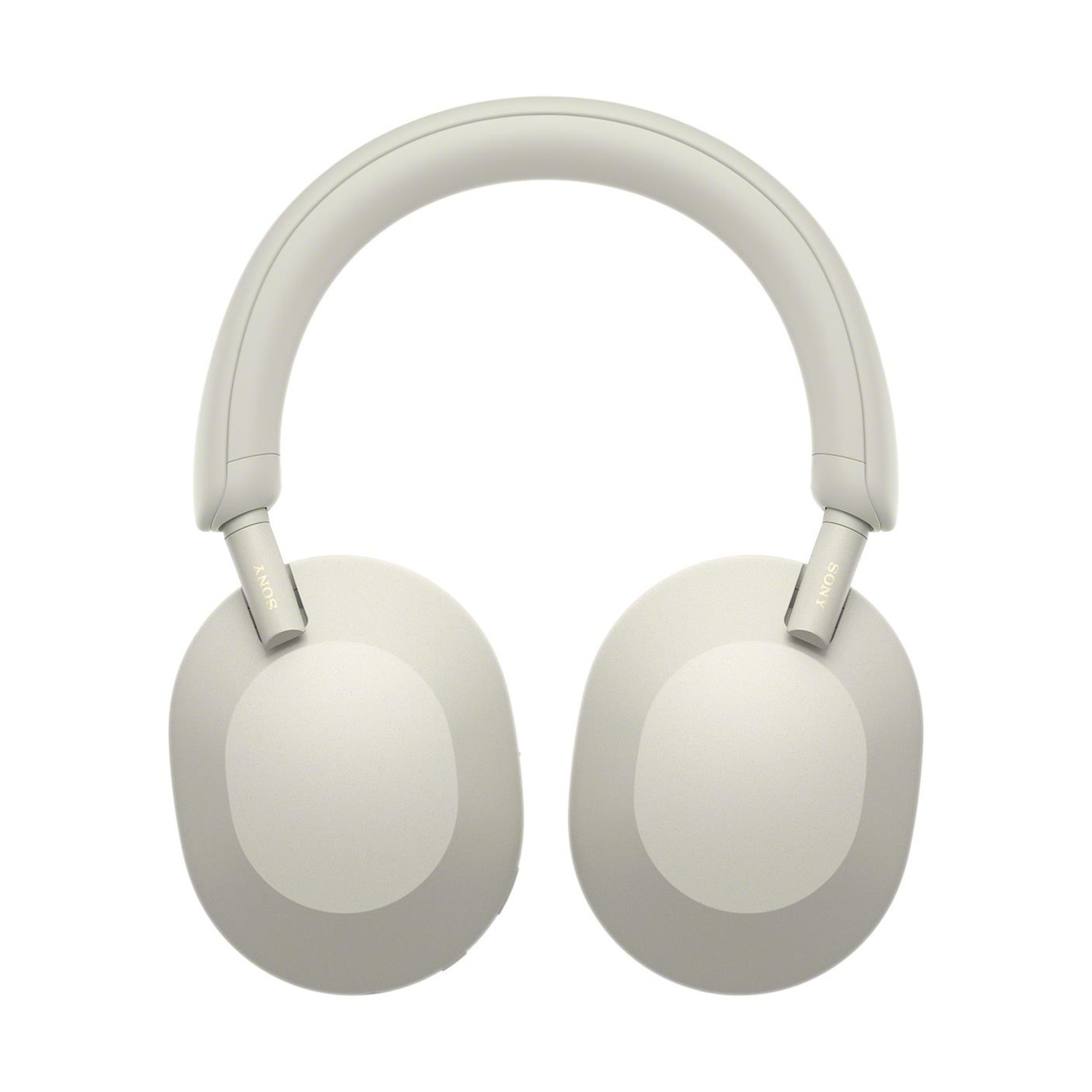 Un paio di cuffie Sony grigio chiaro. Le cuffie hanno grandi padiglioni auricolari e una fascia curva. Lo sfondo è bianco.