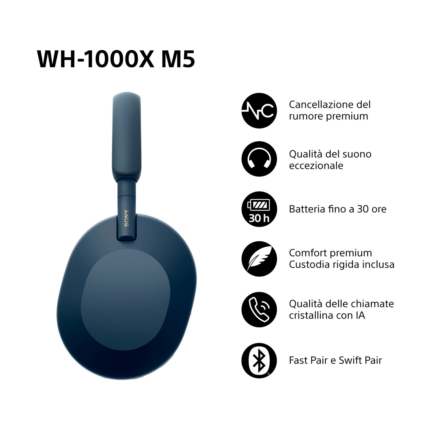 Cuffie blu Sony WH-1000XM5 con caratteristiche del prodotto. Include cancellazione del rumore, qualità del suono eccezionale e lunga durata della batteria.