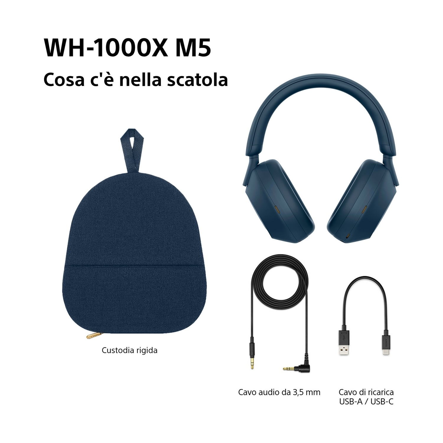 L'immagine mostra cuffie, una custodia, un cavo audio e un cavo di ricarica USB, tutti di colore blu scuro.