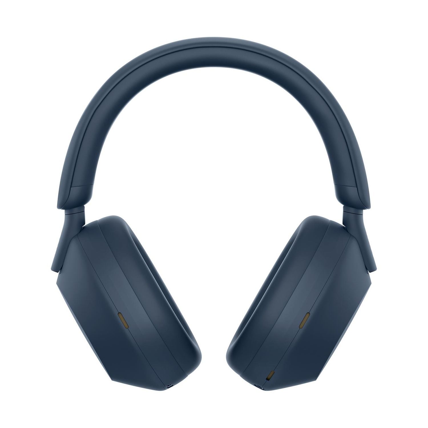 Cuffie blu scuro. Le cuffie over-ear sono su sfondo bianco. L'archetto si incurva verso l'alto, con i padiglioni auricolari su ogni lato.