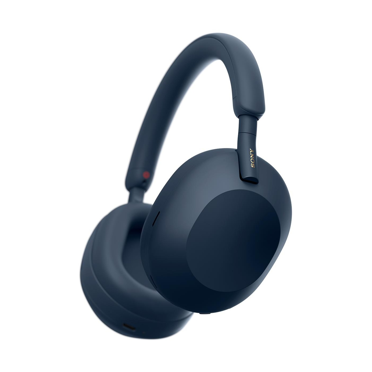 Un paio di cuffie Sony blu scuro. Le cuffie sono over-ear e hanno un archetto curvo. Lo sfondo è bianco.
