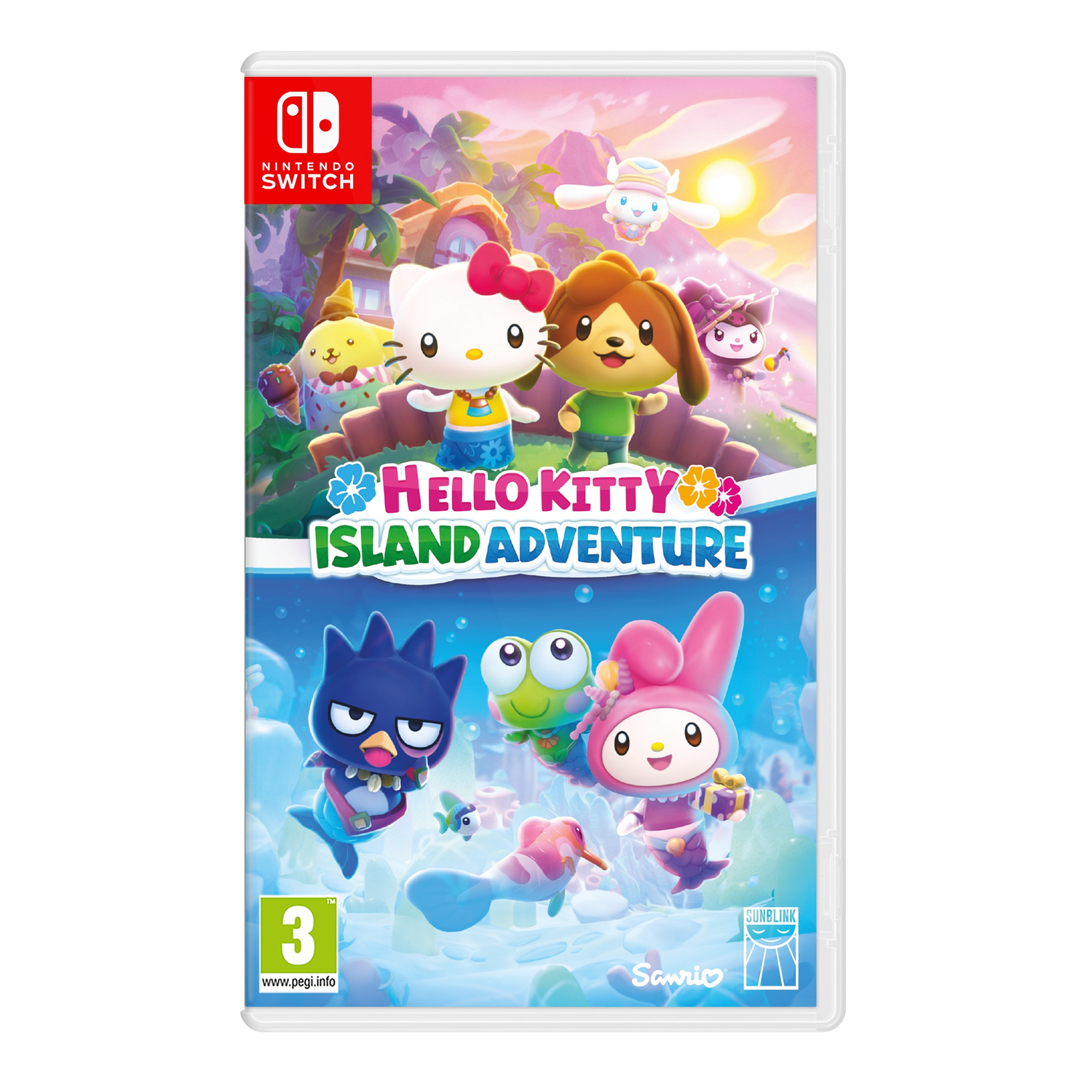 Image de couverture du jeu. Hello Kitty et ses amis dans une aventure insulaire. Les personnages incluent Hello Kitty, un chien et d'autres personnages Sanrio.